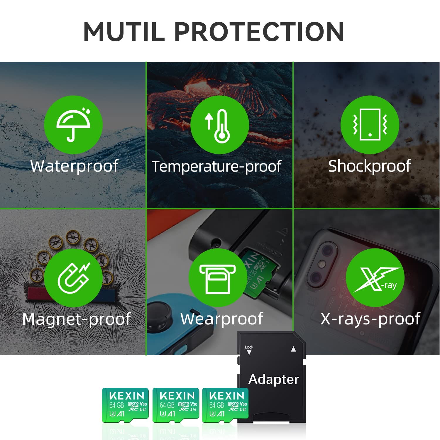 KEXIN 64GB Memoria Micro SD Tarjeta U3 Clase 10 Mini USB Micro SDXC V30 Tarjeta 64GB con Adaptador para PC, Tableta,Drone,Cámara Deportiva y Smartphone,3 Unidades