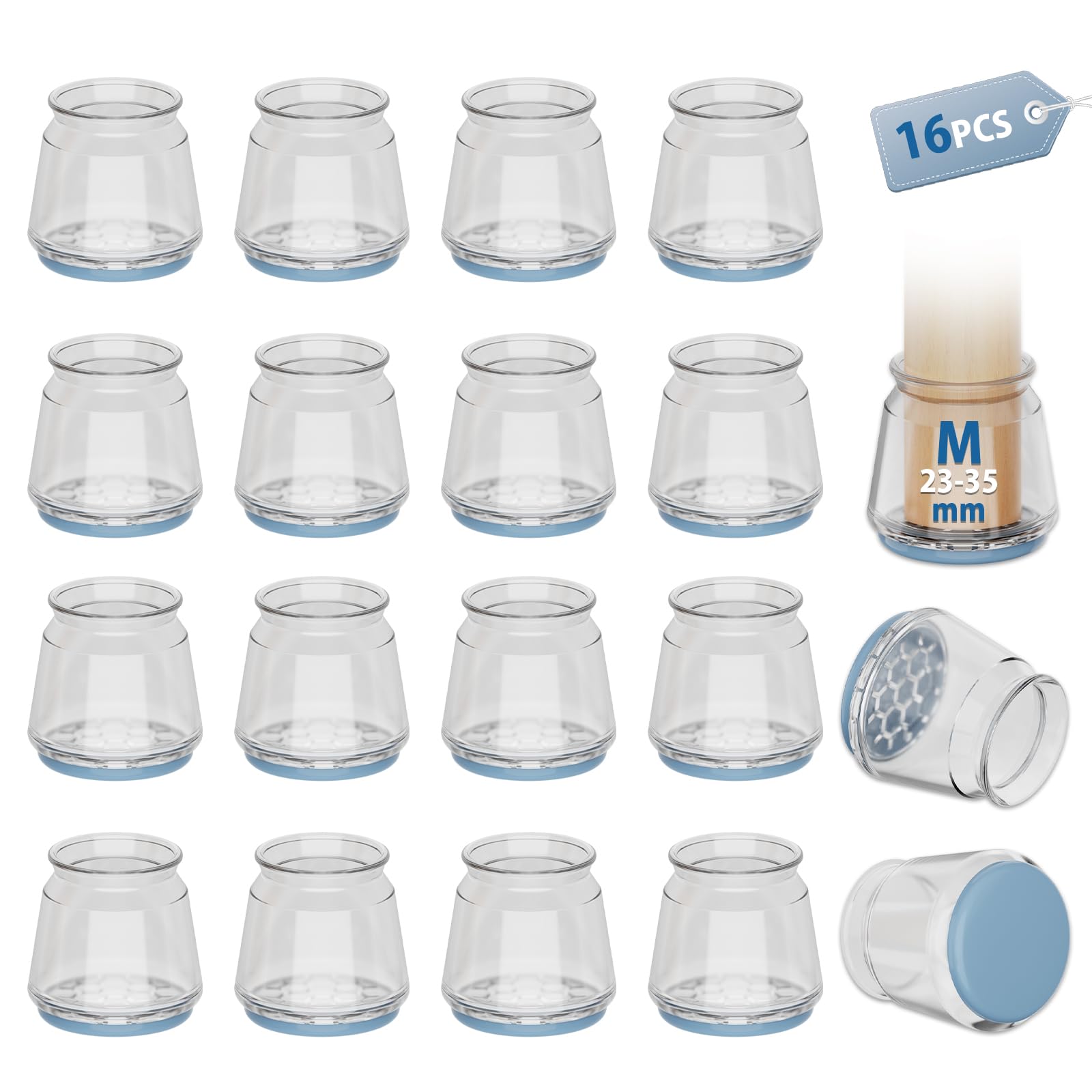 16 Pcs Round Blue Chair Leg Floor Protectors, Anti-Scratch Rubber Feet Caps for Chair Table Sofa Legs, Chair foot glide carpet protector, Protect Wooden Floors and Reduce Noise(Fit:23-35mm)