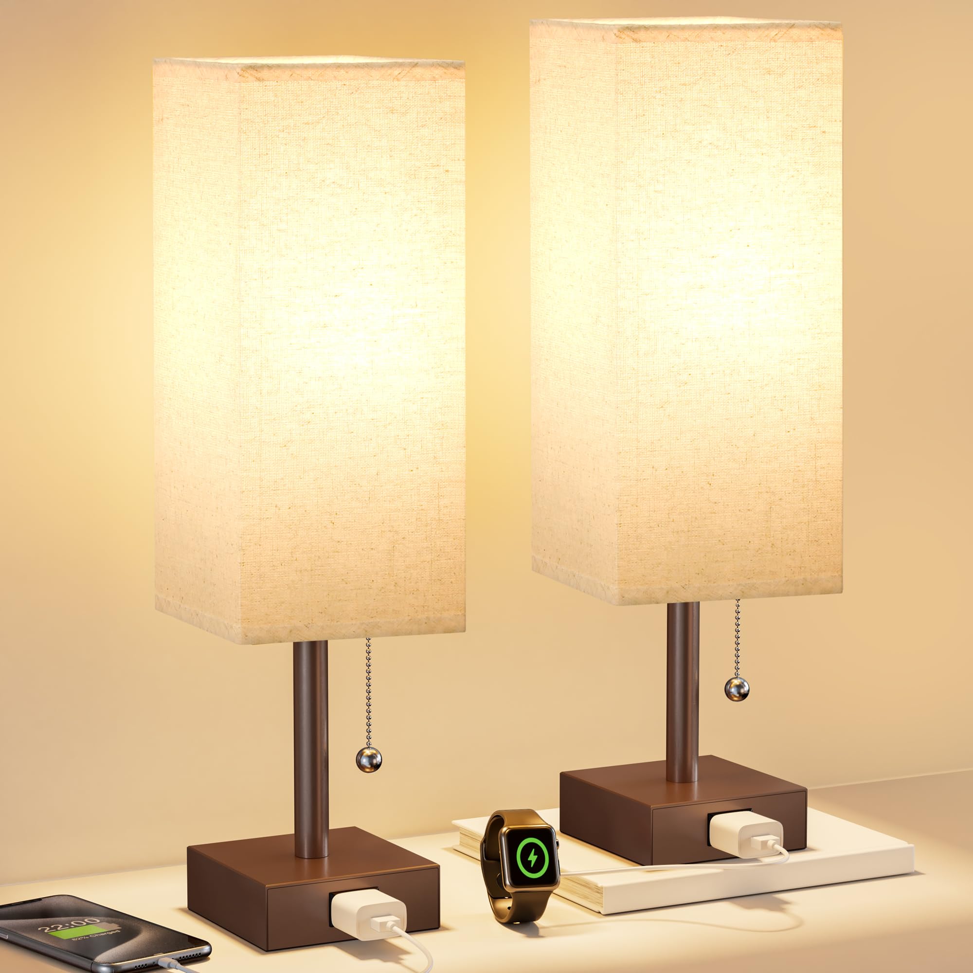 Juego de 2 lámparas de noche para dormitorio, lámpara rectangular pequeña con puerto de carga USB A C, luz de escritorio de 3 temperaturas de color con bombilla, lámpara de lectura de mesa marrón para