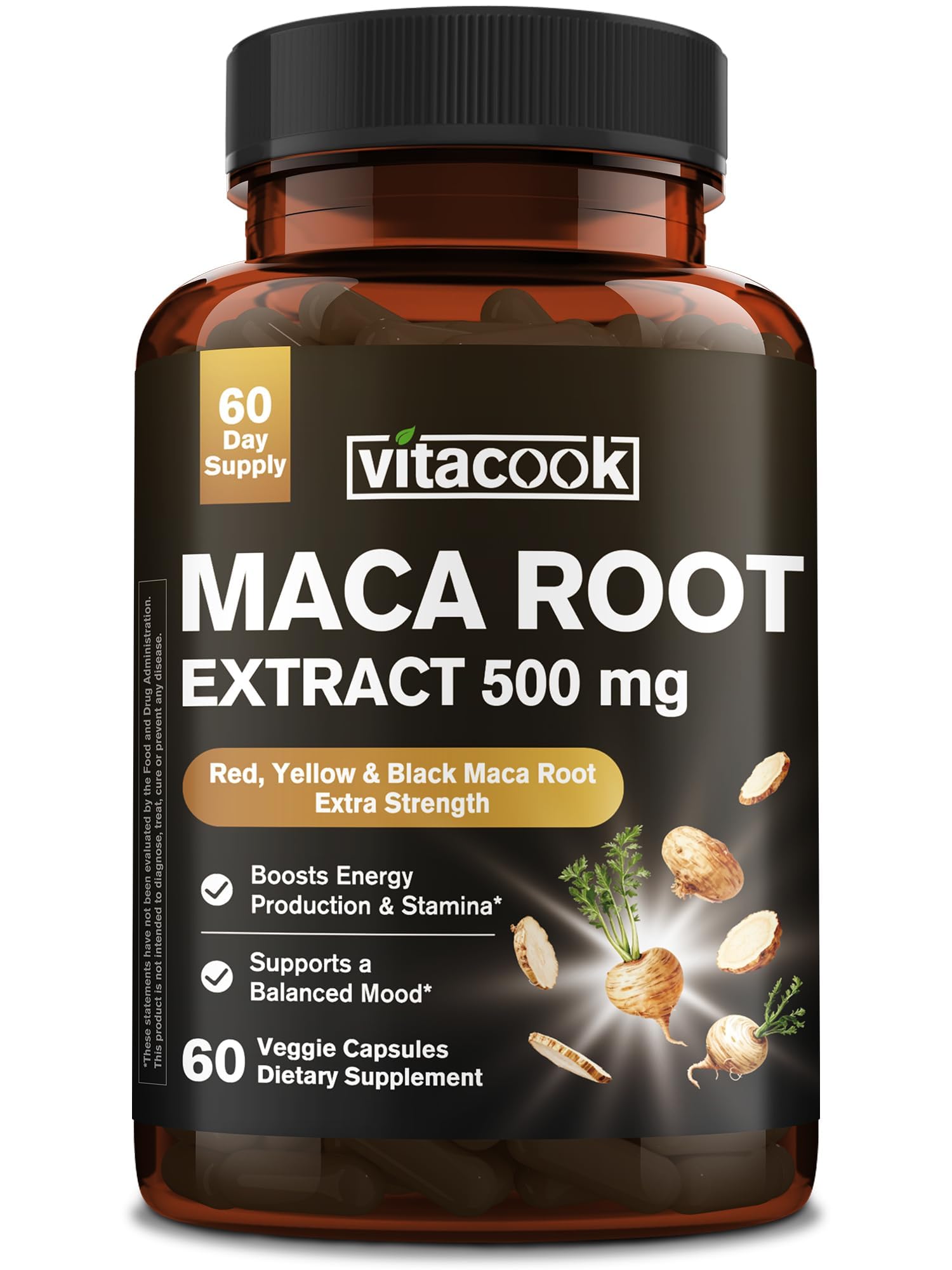 Maca Root Capsules for Women and Men, High Potency 500 mg Extract, Peruvian Maca, Black, Red & Yellow, for Energy, Stamina, Mood, 60 Veggie Capsules