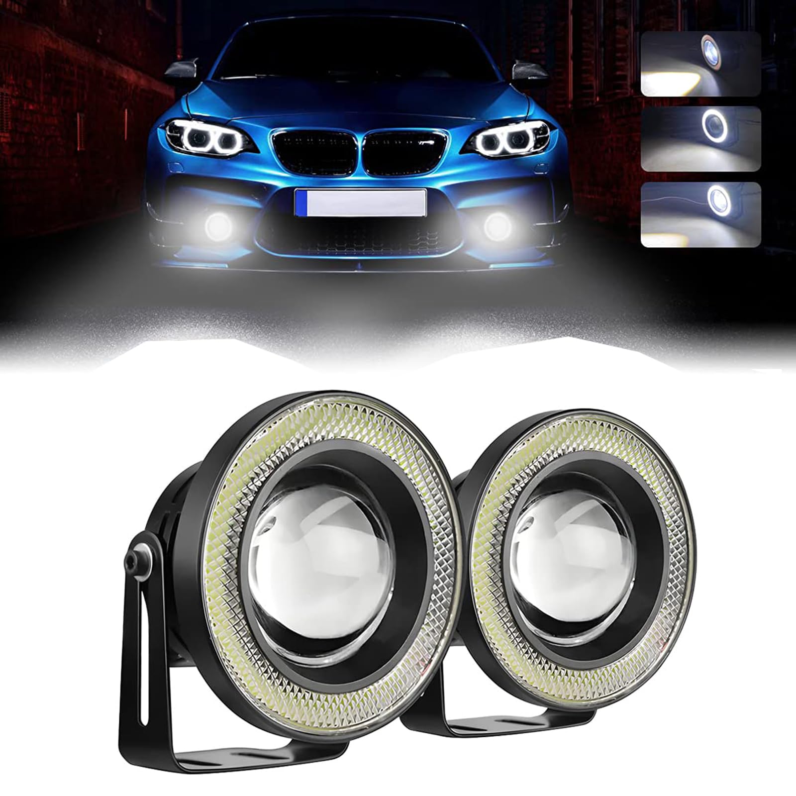Excefore Car Angel Eye Fog Light, 2PCS Universal Round Cob LED Fog Light, Super Bright with White Halo Angel Eye Rings Headlight, Car Daytime Running Light Drl Driving Light Fog Light Bulb(White)