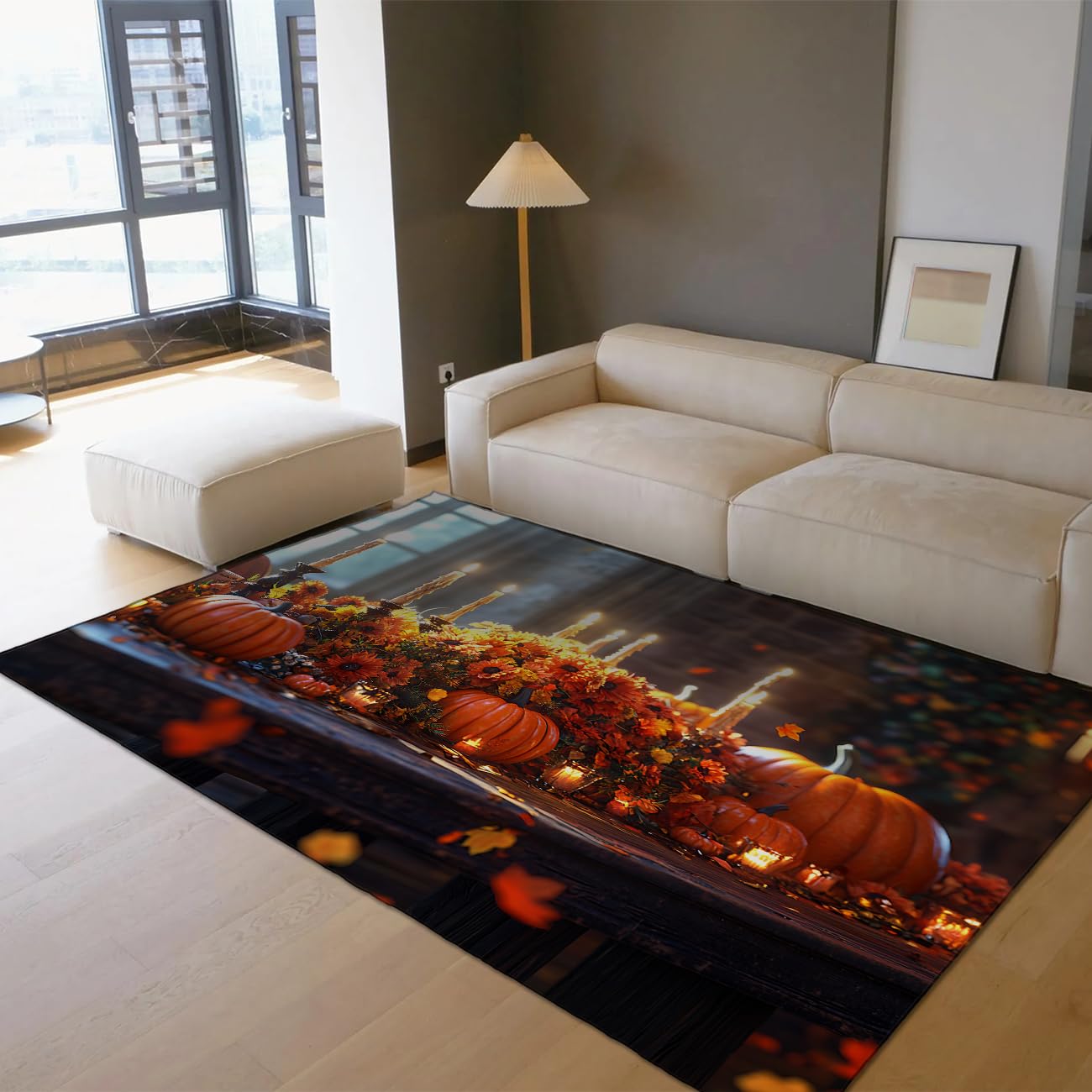 Tapis Thanksgiving Récolte d'Automne 90x120cm à poils ras lavable pour salon