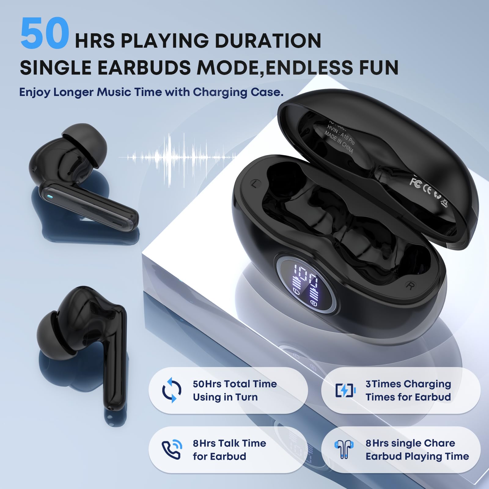 Wireless Earbuds, Bluetooth 5.3 Headphones HiFi Stereo 50H Playback LED Digital Display Ear Buds with ENC Noise Canceling Headset, IPX7 Waterproof Earphones for Gym/Running/Work Black - 4