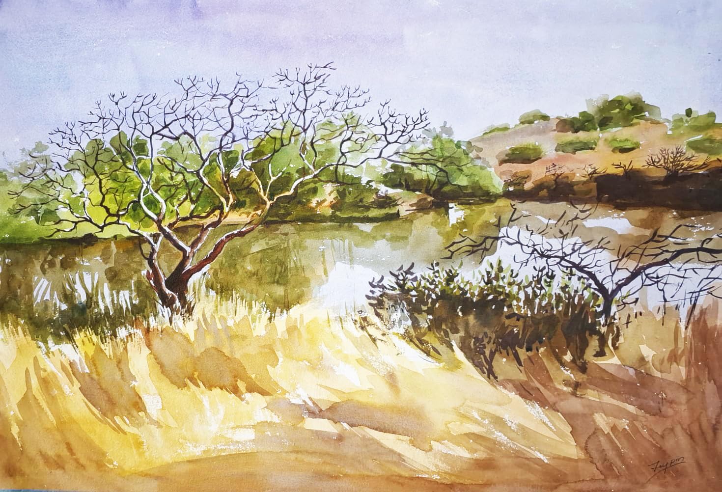 Nature Landscape Watercolor Painting for Living Room, 30 x 45 cm-image-18
