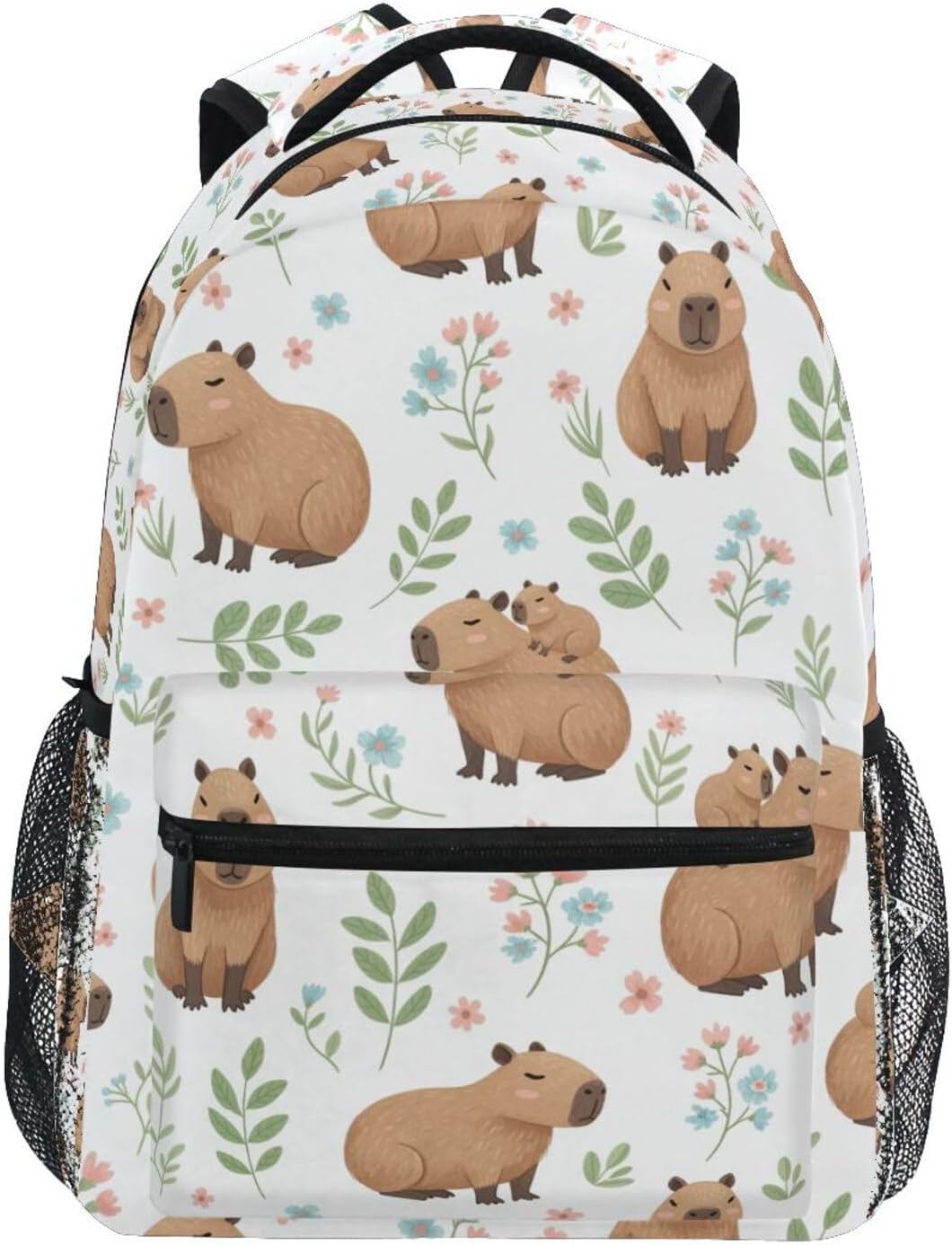 QUGRL Cute Capybara Floral Pattern School Backpack for Girls Boys Large Bookbag Laptop Computer Bag Casual Hiking Travel Daypack Backpack Schoolbag for Teens College 16 Inch