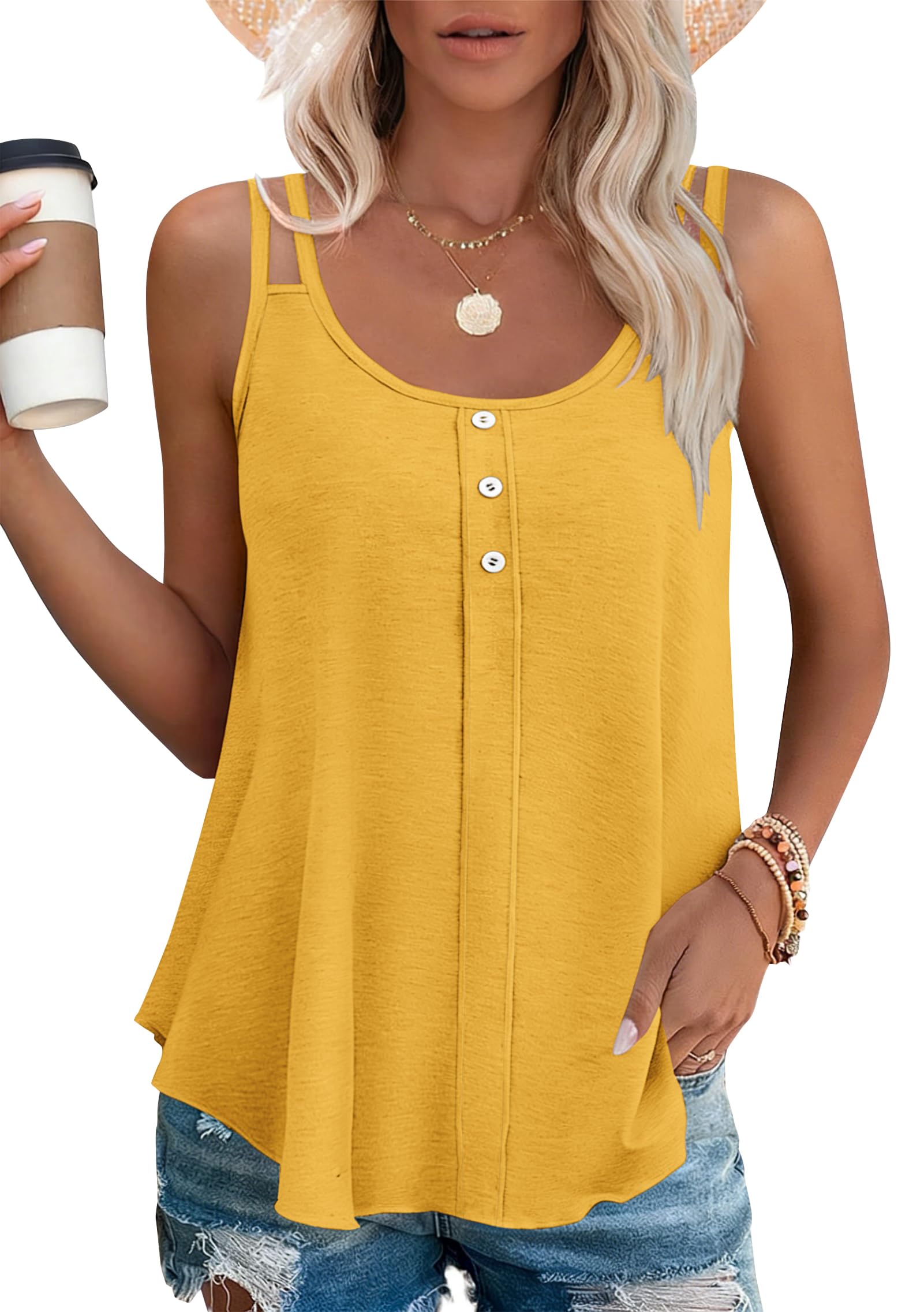 Ploknrd Women's Yellow Vest Tops - Spaghetti Strap Camisole Sleeveless Button Tank Tops(,Xxl)
