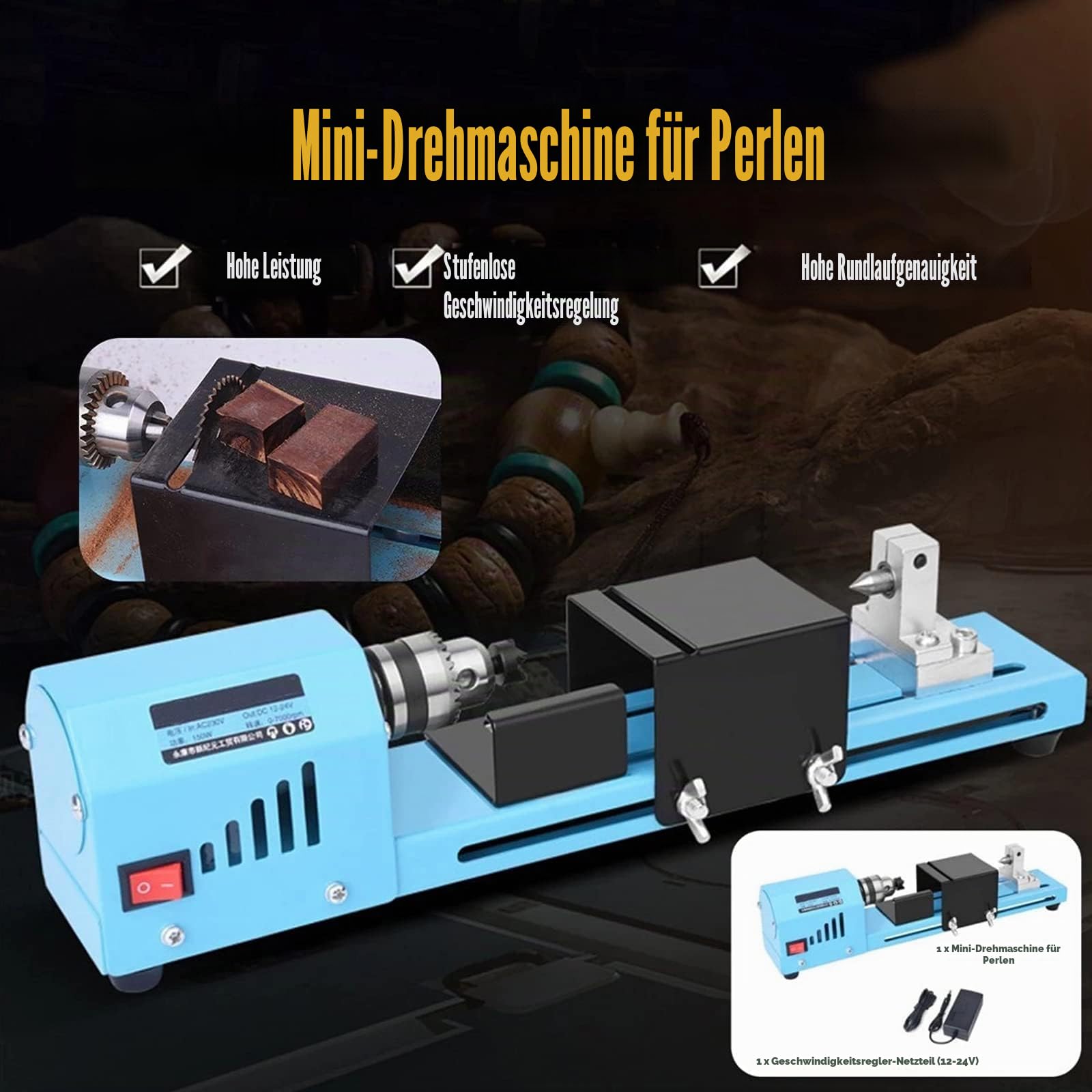 150W Mini Drehmaschine 12-24V Metalldrehmaschine 4000-9000rpm Drehbank Tischdrehbank Silber Drechselbank Zum Drechseln Schnitzen Schleifen und Schneiden von Holz