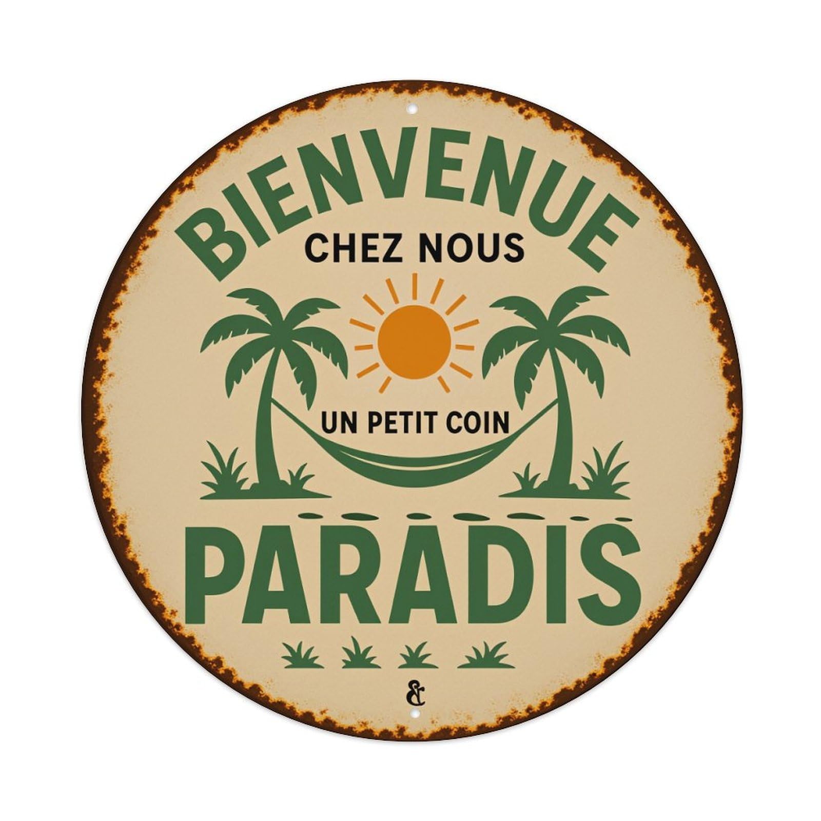 Welcome to Our Paradise Palm Sun Hammock Round Tin Sign Vintage Metal Poster Retro Bar, Home, Man Cave, Kitchen, Laundry Room Wall Art Decor Gift 8x8Inch