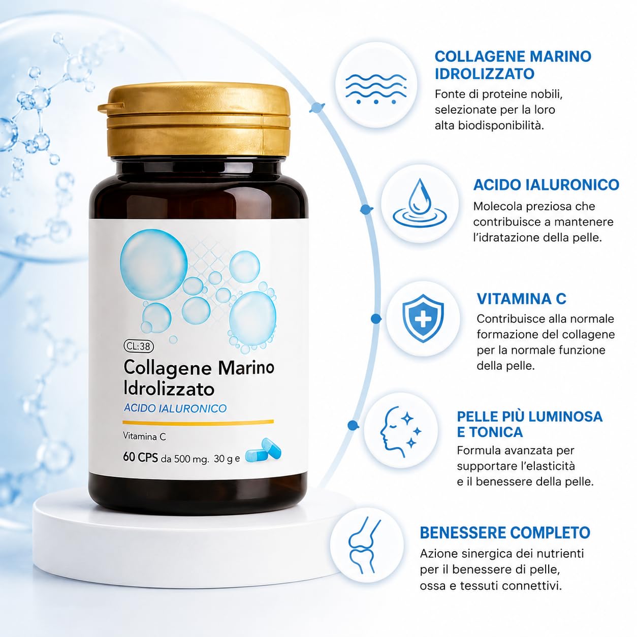 Collagene Marino Idrolizzato 240 Compresse | Acido Ialuronico, Pelle, Capelli, Unghie, Articolazioni