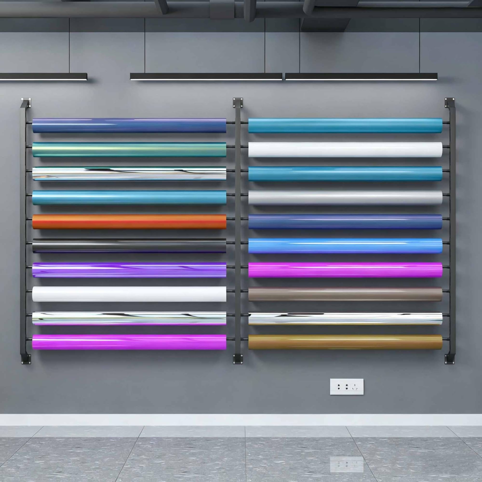 Soporte para 20 rollos de vinilo, estante metálico de pared para vinilo | Organizador resistente para láminas de cambio color automóviles, ideal para cinta transferencia, papel tapiz(H:210CM)
