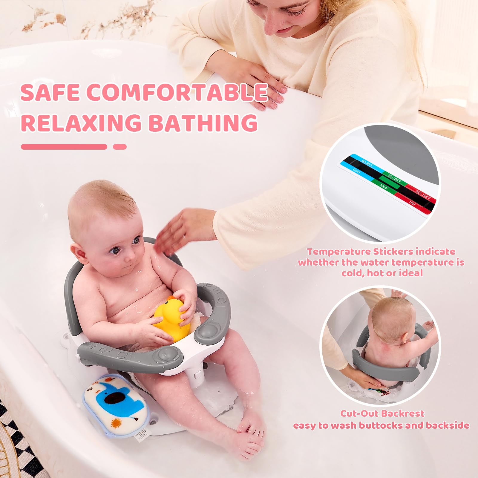 Siège de bain pour bébés de 6 mois et plus assis, siège de bain pour bébé avec alerte de température et coussin antidérapant, siège de bain pour bébé (siège de bain pour bébé, rose)