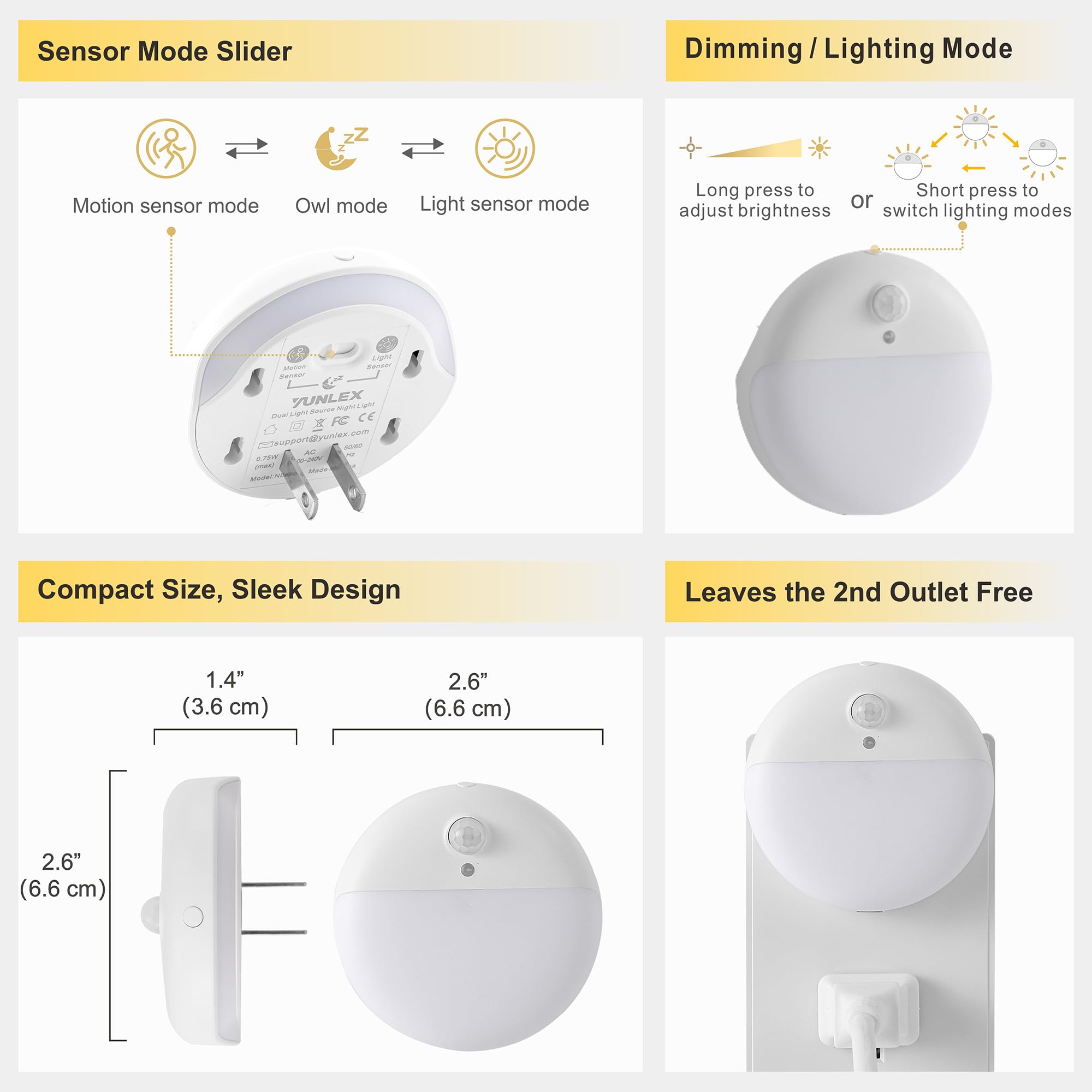 YUNLEX 2 Pack Plug in Night Light with Motion Sensor and Dusk to Dawn Sensor Stepless Dimming Warm — view 6