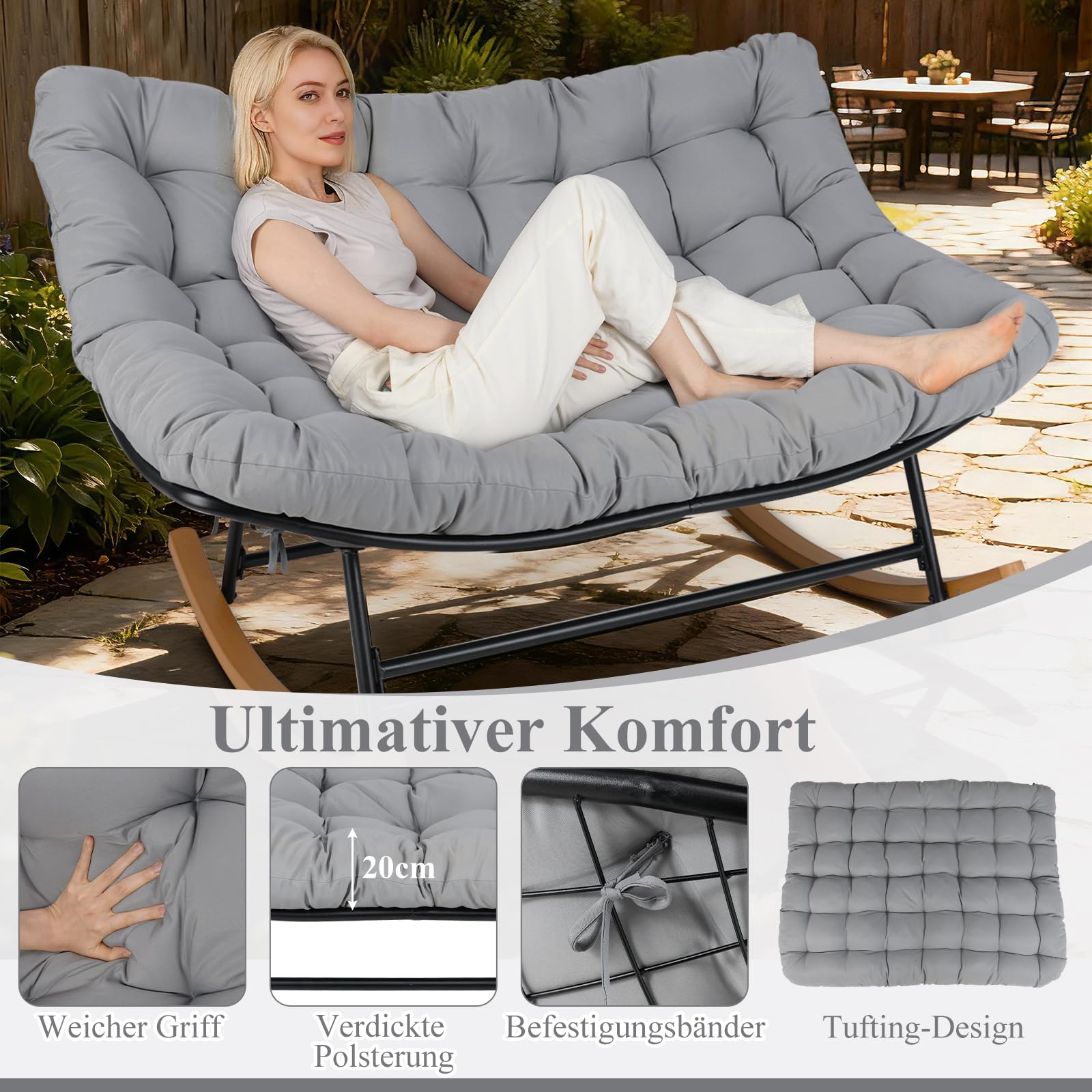 COSTWAY Schaukelstuhl 2 Personen Outdoor, Schaukelsessel mit dickem Kissen | XXL Relaxsessel bis 320 kg belastbar, für Balkon, Garten und Wohnzimmer, Hellgrau