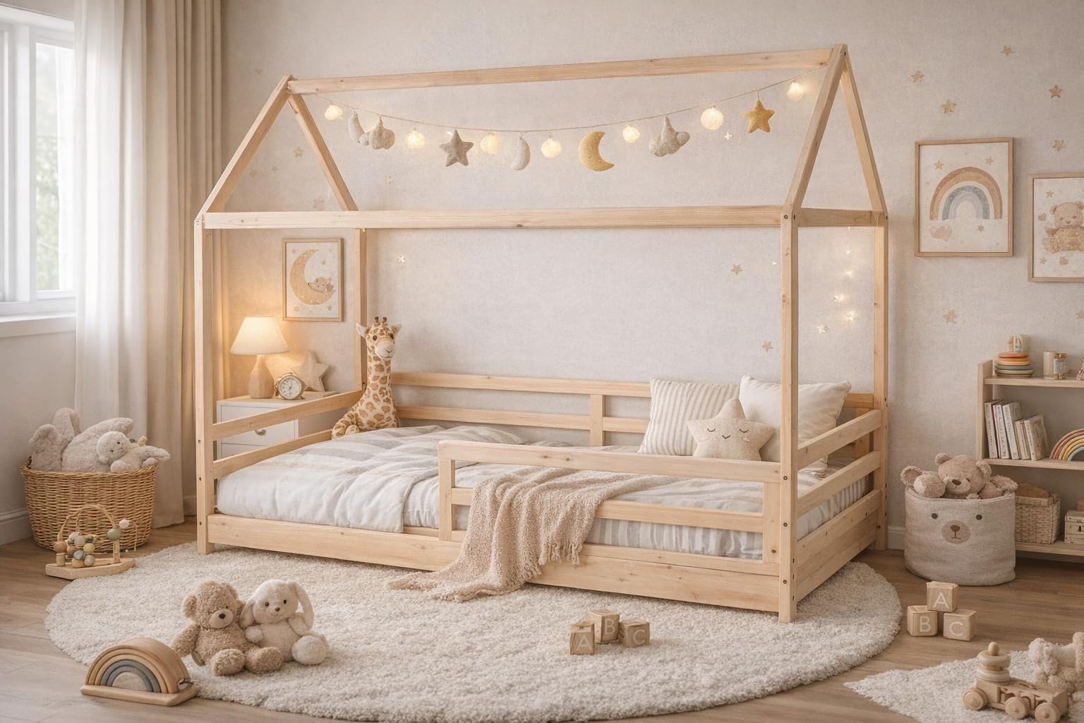 Letto capanna in legno di pino naturale per bambini, 90 x 190 cm, stile Montessori con barriere di sicurezza, design casa tenda