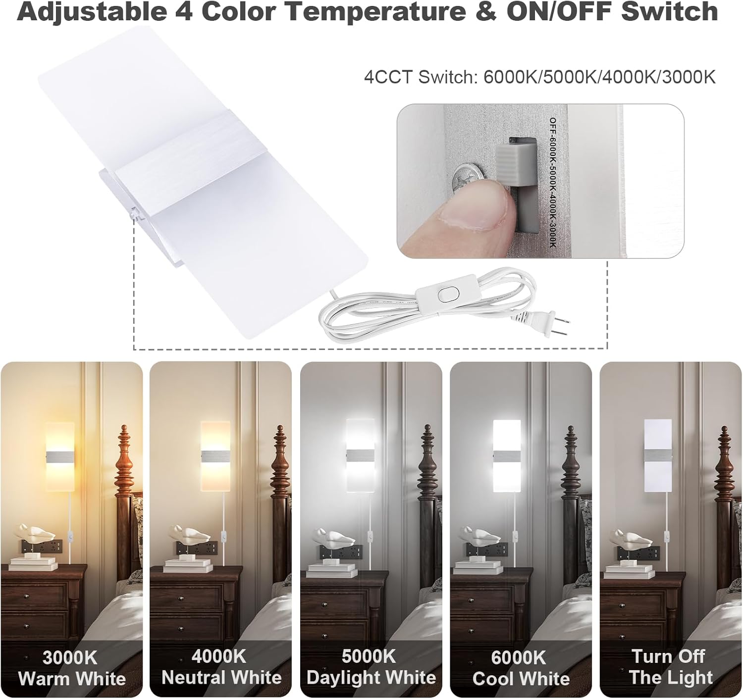 TRLIFE Wall Sconces Plug in, Adjustable 4 Color Temperature Modern LED Wall Sconce, 12W Acrylic Wall Mounted Light Set of 2 Wall Lights with 6FT Plug in Cord for Bedroom Bedside(2 Pack, Silver)