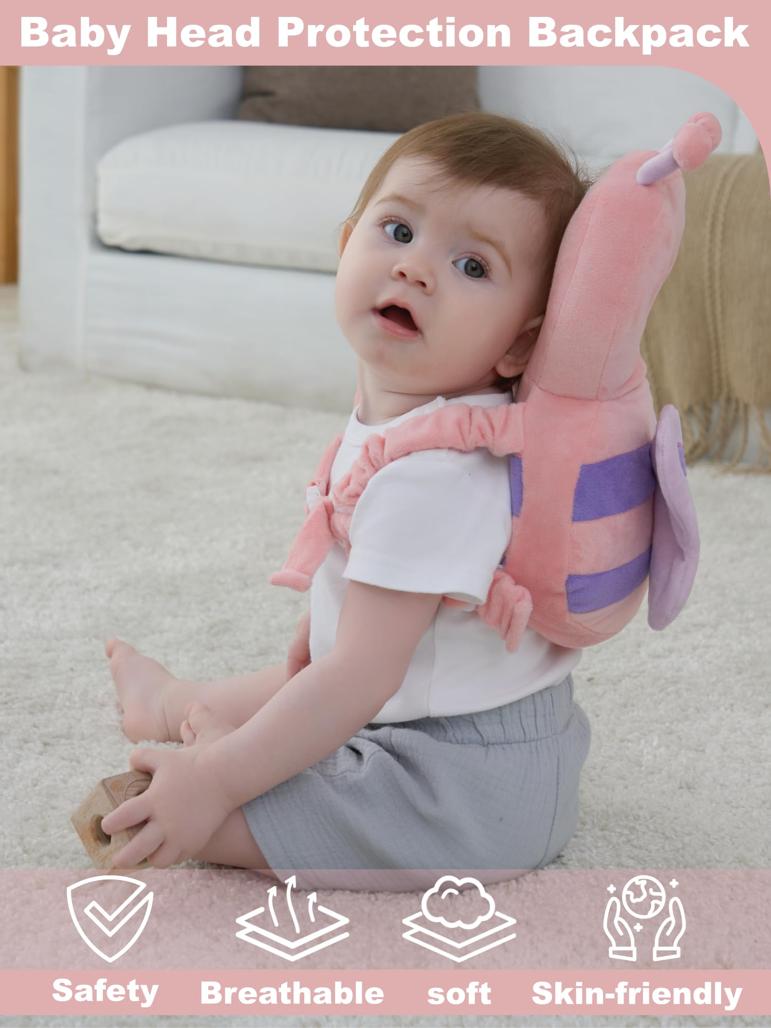 Baby Head Protector Backpack with Safety, Toddler Adjustable Head Protection for Baby Walking and Falling Crawling, 0.5-3 Years 6-36 Months, Pink Butterfly