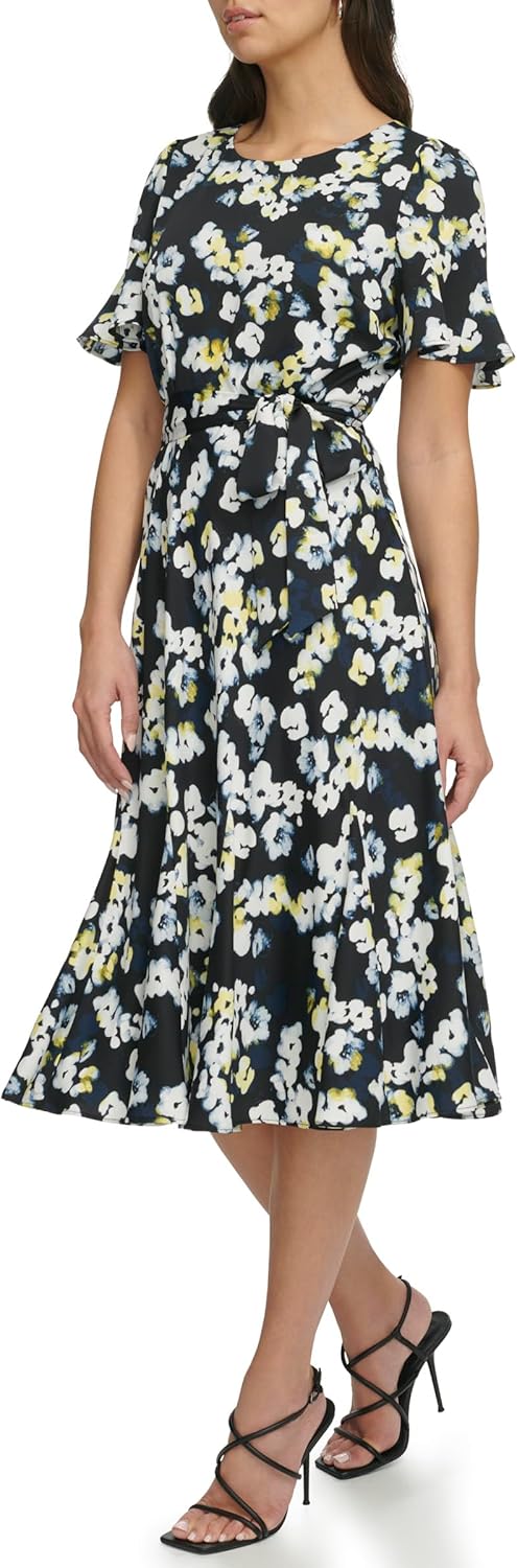 DKNY Womens Flutter Sleeve Round Neck Waist Tie Midi Dress - Image 4