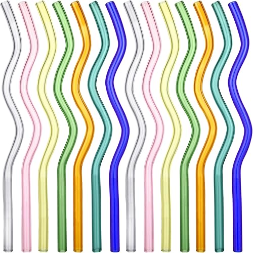 14 pajitas onduladas de vidrio transparente de borosilicato alto de 0.315 x 7.874in, lindas pajitas de vidrio de colores, divertidas pajitas