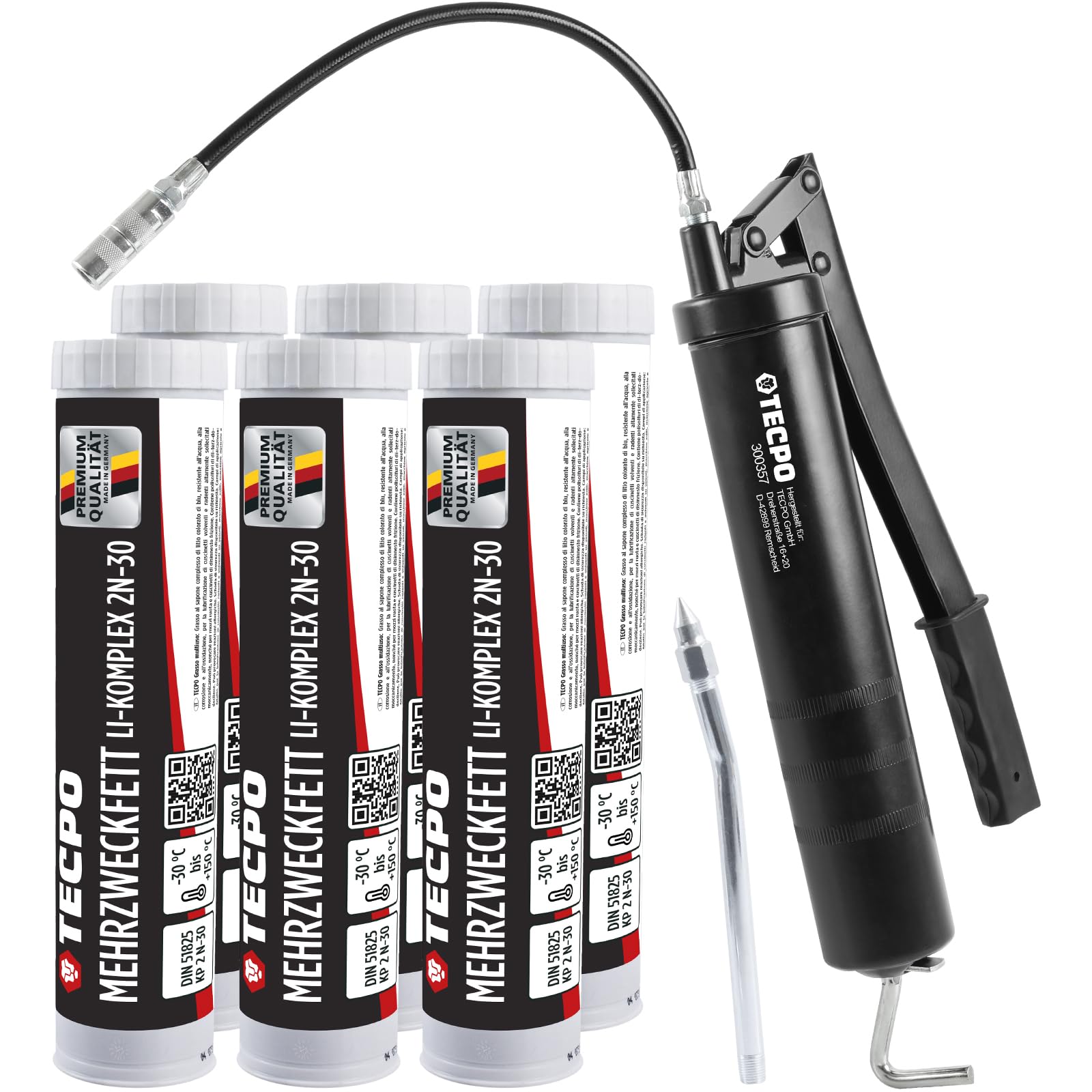 TECPO Grasso multiuso ad alte prestazioni, complesso Li 2N-30, 6 x 400 g, con pressa manuale, cartuccia grasso a lunga durata, grasso per cuscinetti, antiattrito e antiurto