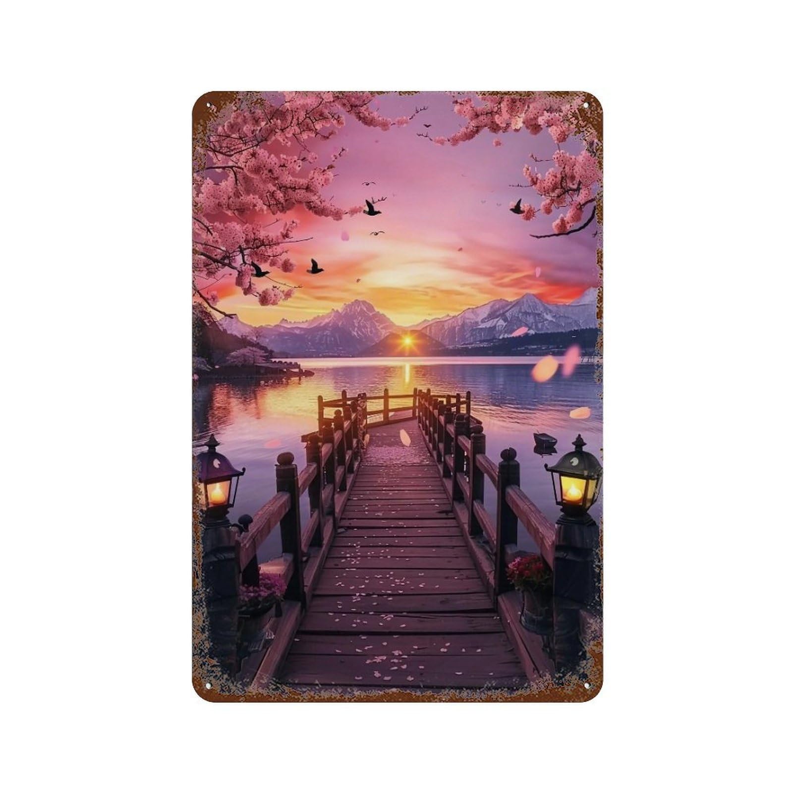 HDURYEYRYY Sakura Lake Sunset 02 Wall Retro Iron Vintage Art Metal Tin Sign Poster Modern Home Cofffee Club Art Bar Shop Decor Style 30x20cm