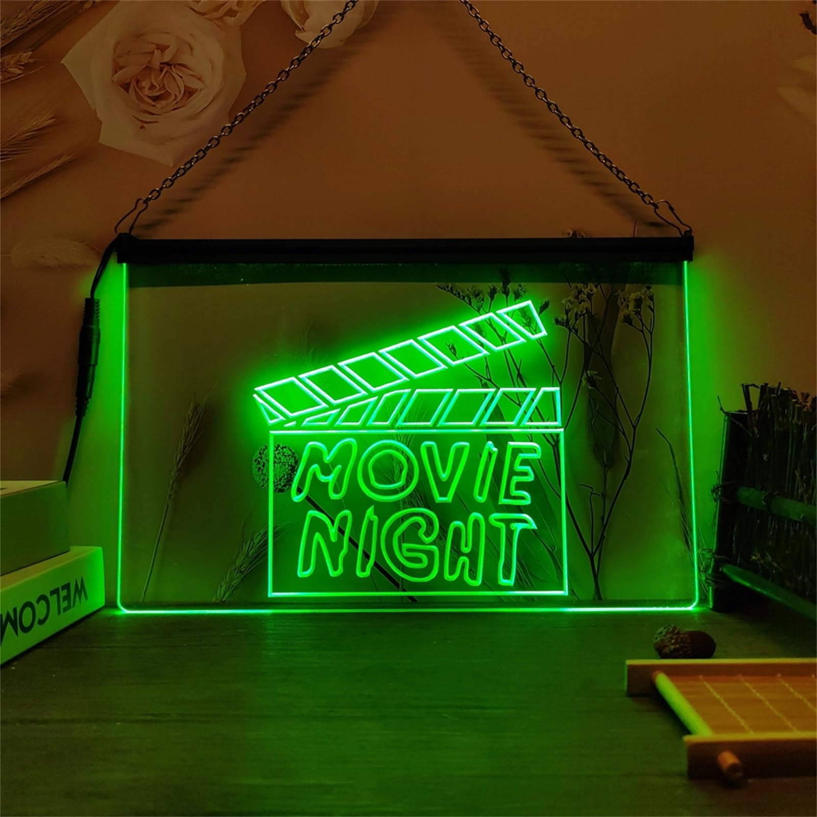Letrero de neón LED de Noche de Cine, Luces de neón talladas en 3D para decoración de Pared de Fiesta de Cine de Negocios, letreros Luminosos USB,Verde,60x40cm