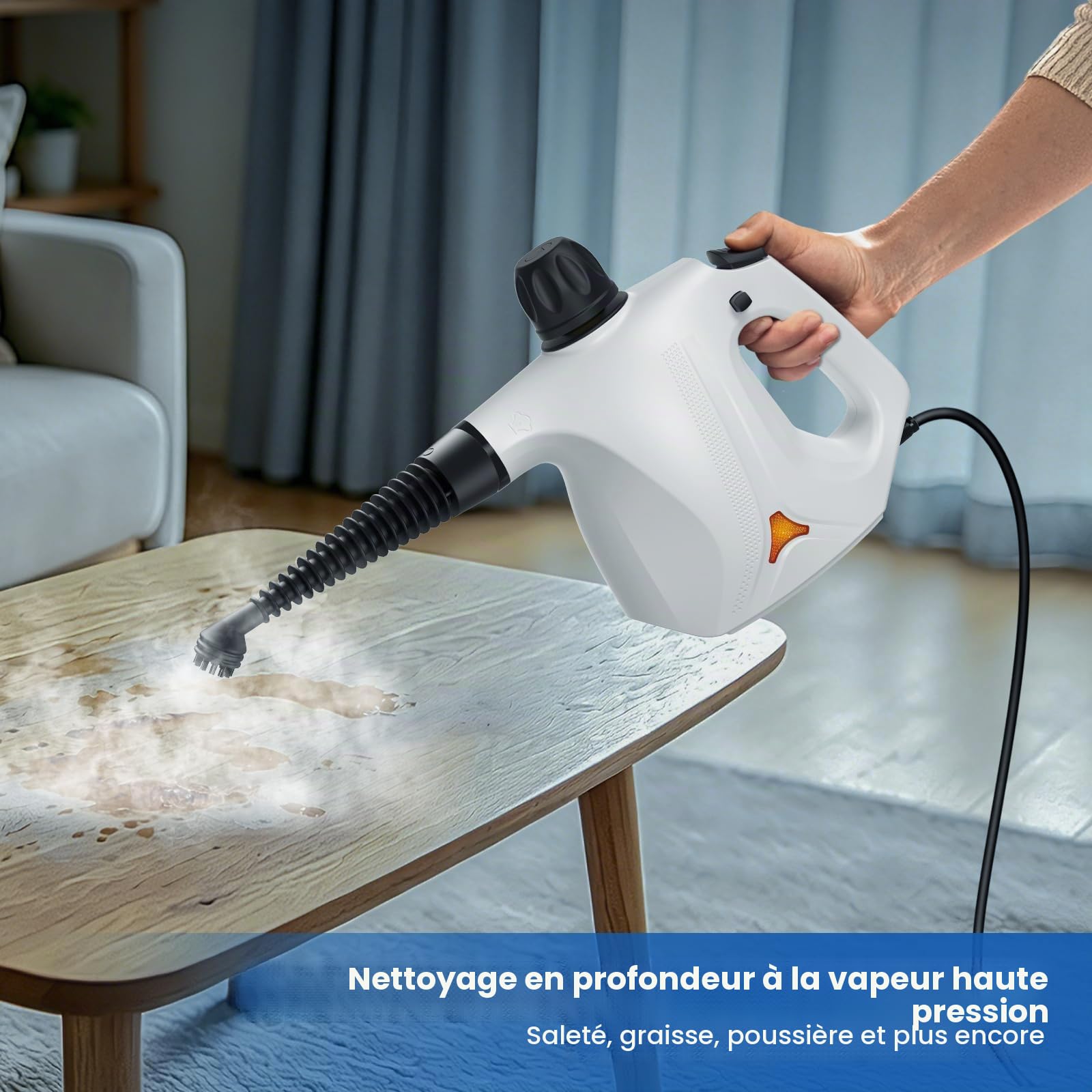 Nettoyeur vapeur avec 14 accessoires dans 9 styles différents, adapté au nettoyage à haute température des cuisines, voitures, textiles, salles de bains, carrelages et poêles. (noir et blanc)
