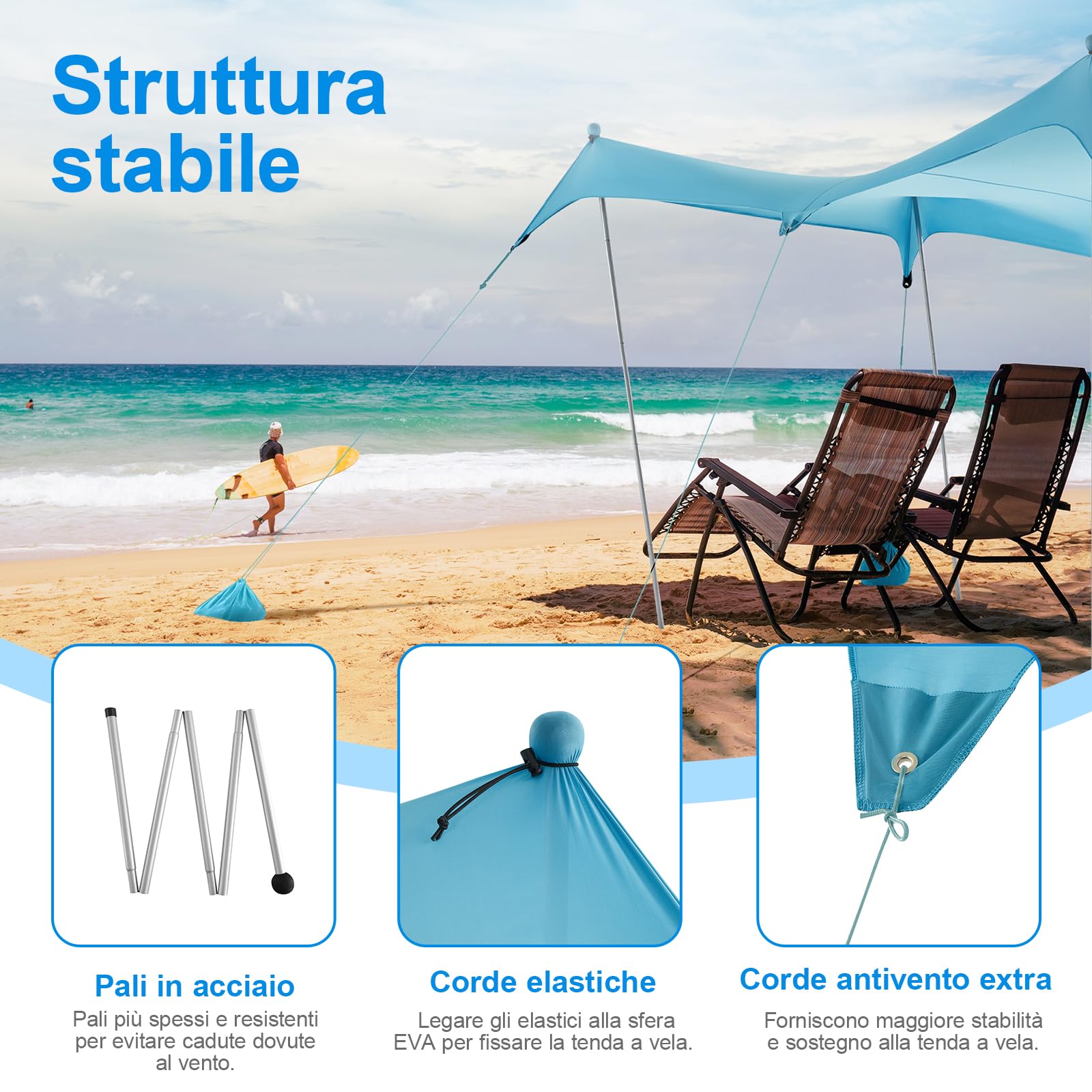 WolfWise Tenda da Spiaggia con Protezione Solare UPF50+, 3 x 3 m Tenda da Spiaggia con Ancoraggio di Sabbia