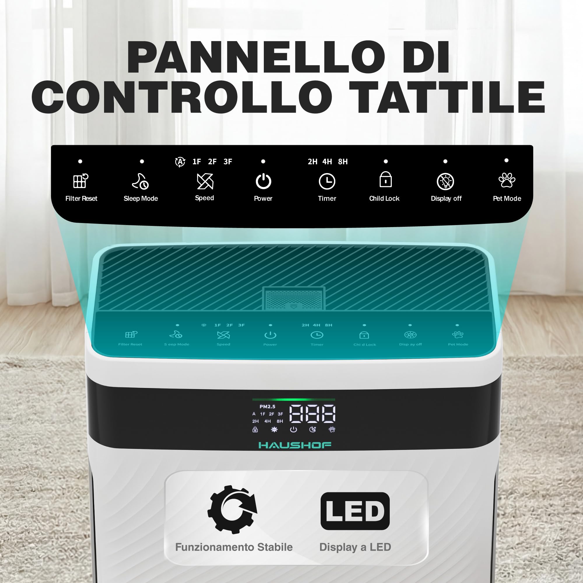 HAUSHOF Purificatore d'Aria con Filtro HEPA, Rimuove 99,97% di Polvere | Polline e Peli, CADR 250 m³/h, Display PM2.5, 30 dB, Aromaterapia, per Uffici e Casa.