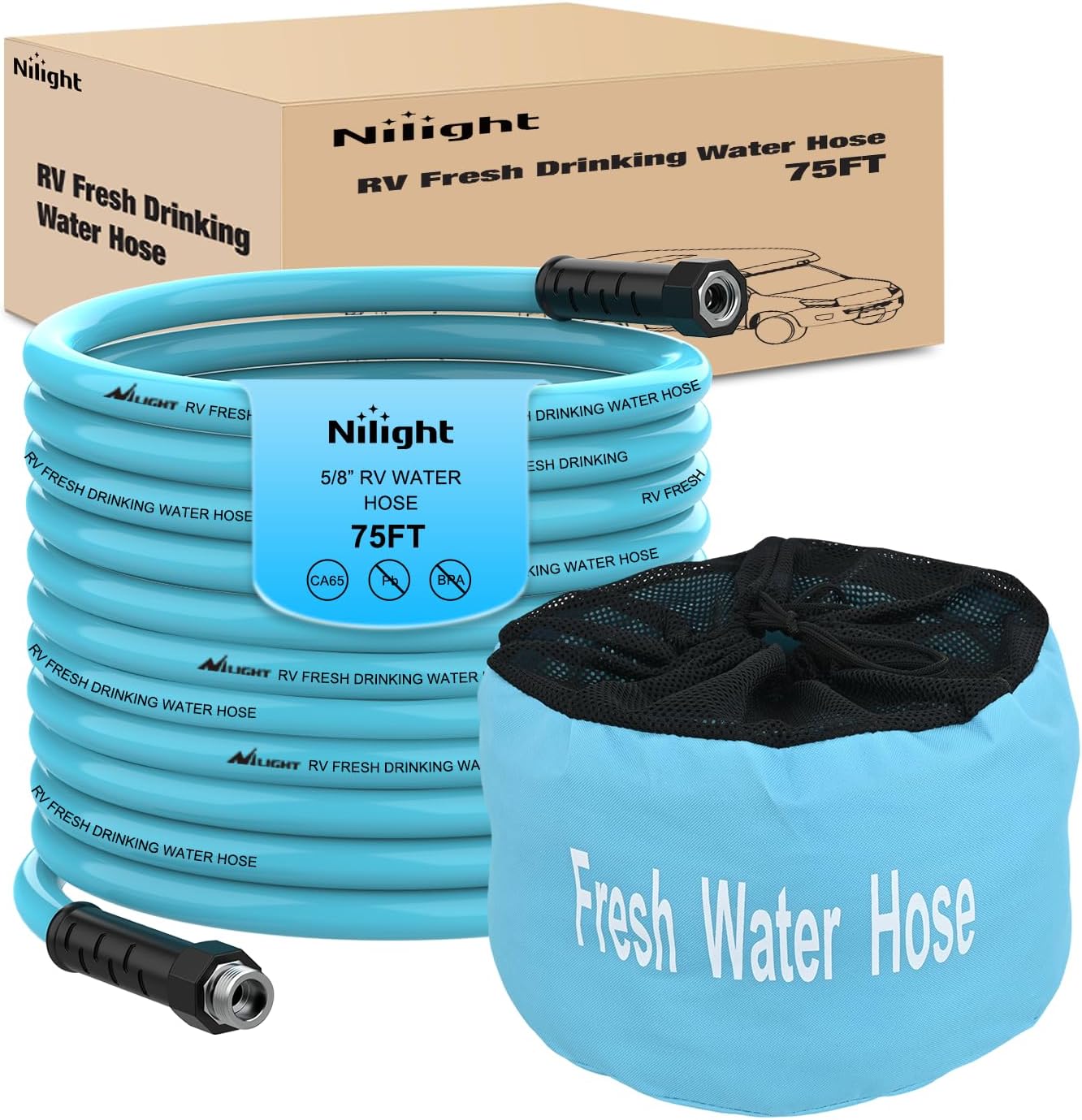 Nilight RV Water Hose 75FT Garden Drinking Hoses with Storage Bag Leakproof Anti-Kink 5/8" Inner Diameter Flexible Lightweight Freshwater Hose for RVs Campers Travel Trailer Boat Car Wash Accessories