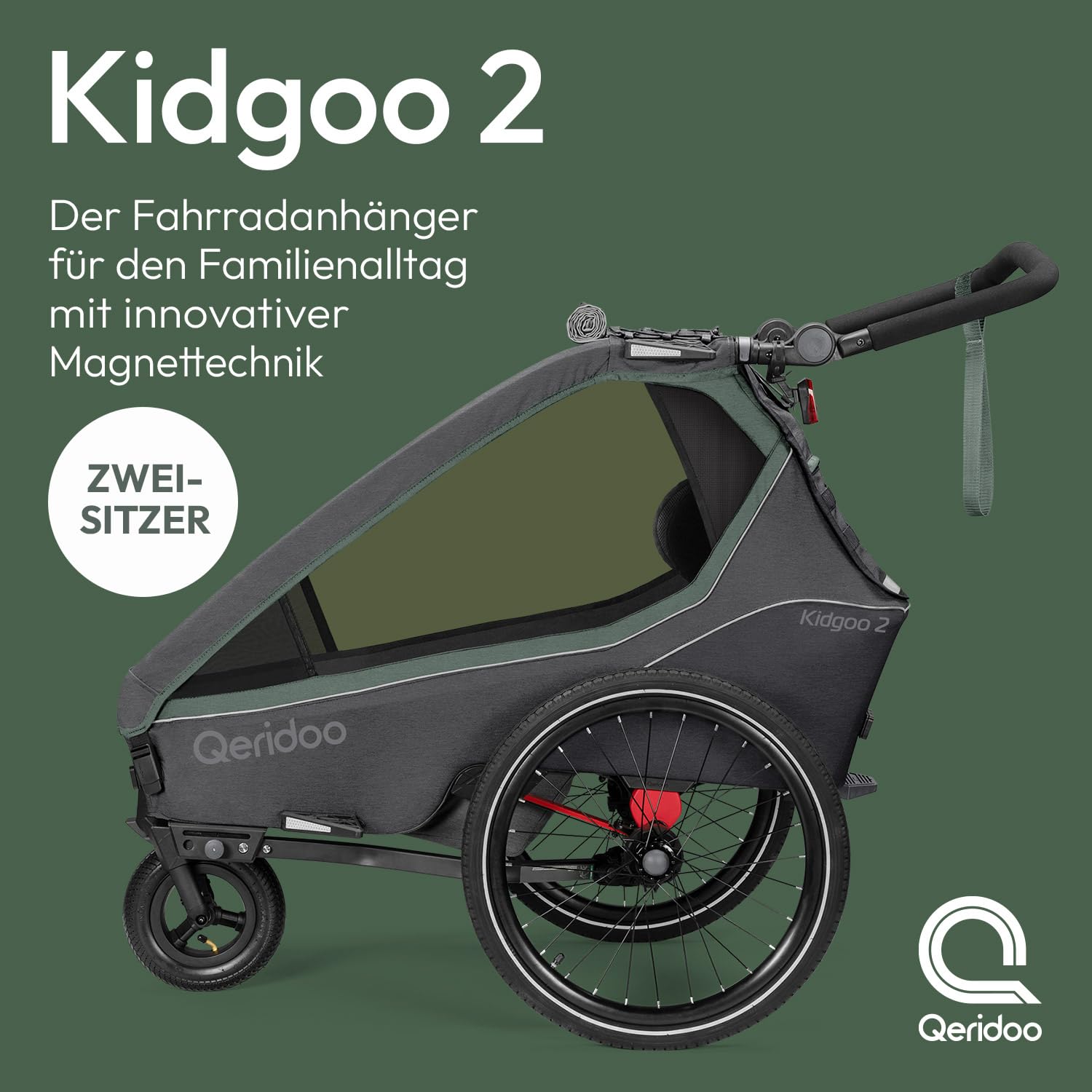 Qeridoo Kidgoo 2 Ivy Green Remorque de vélo pliable avec harnais à 5 points et système de fixation Easy-ARS pour 2 enfants avec roue de poussette rotative à 360° et protections de tête brevetées