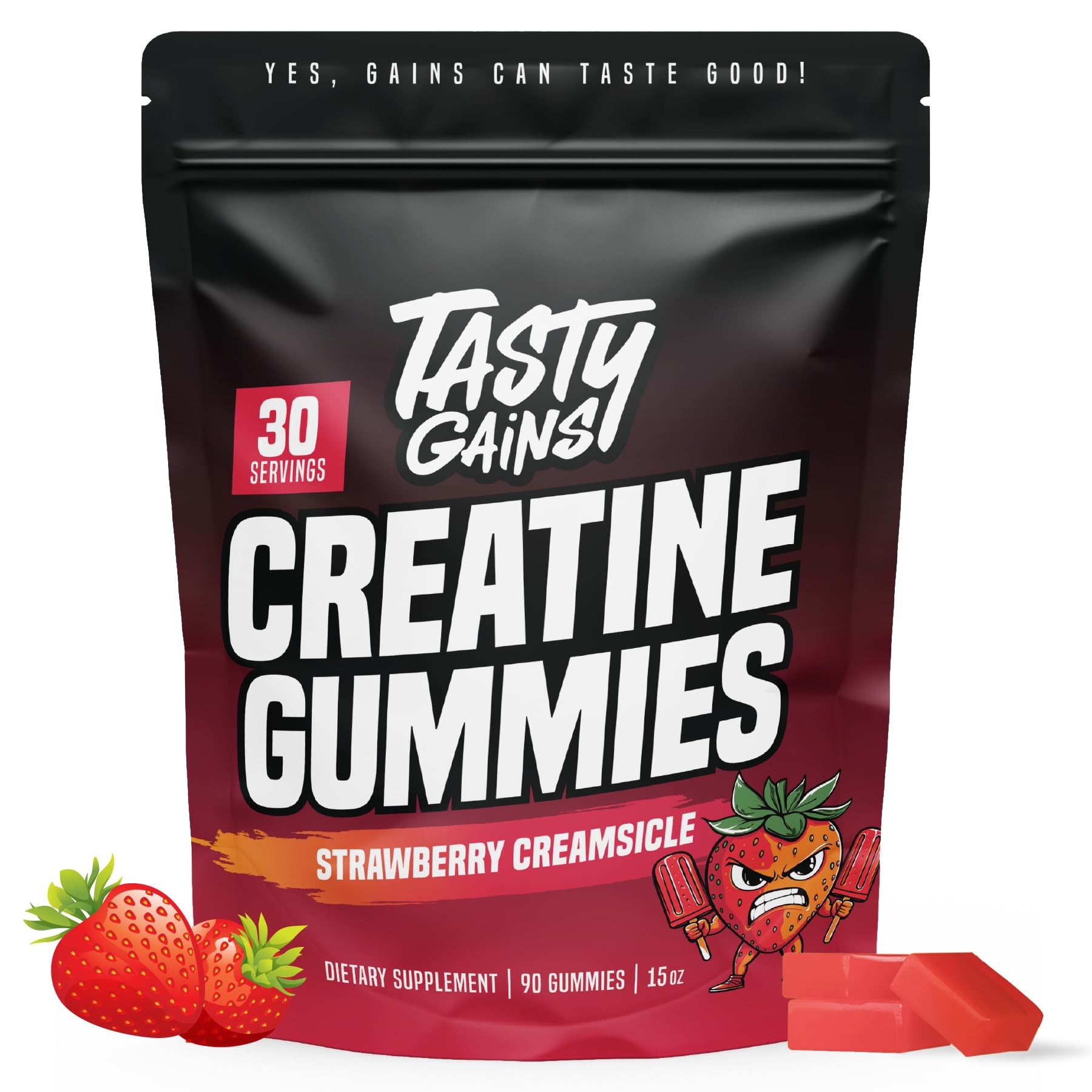 TASTY GAINS Creatine Gummies - 90g of Creatine Monohydrate - Workout Supplements - Build Muscle & Boost Strength for Men & Women - Made in USA - Non