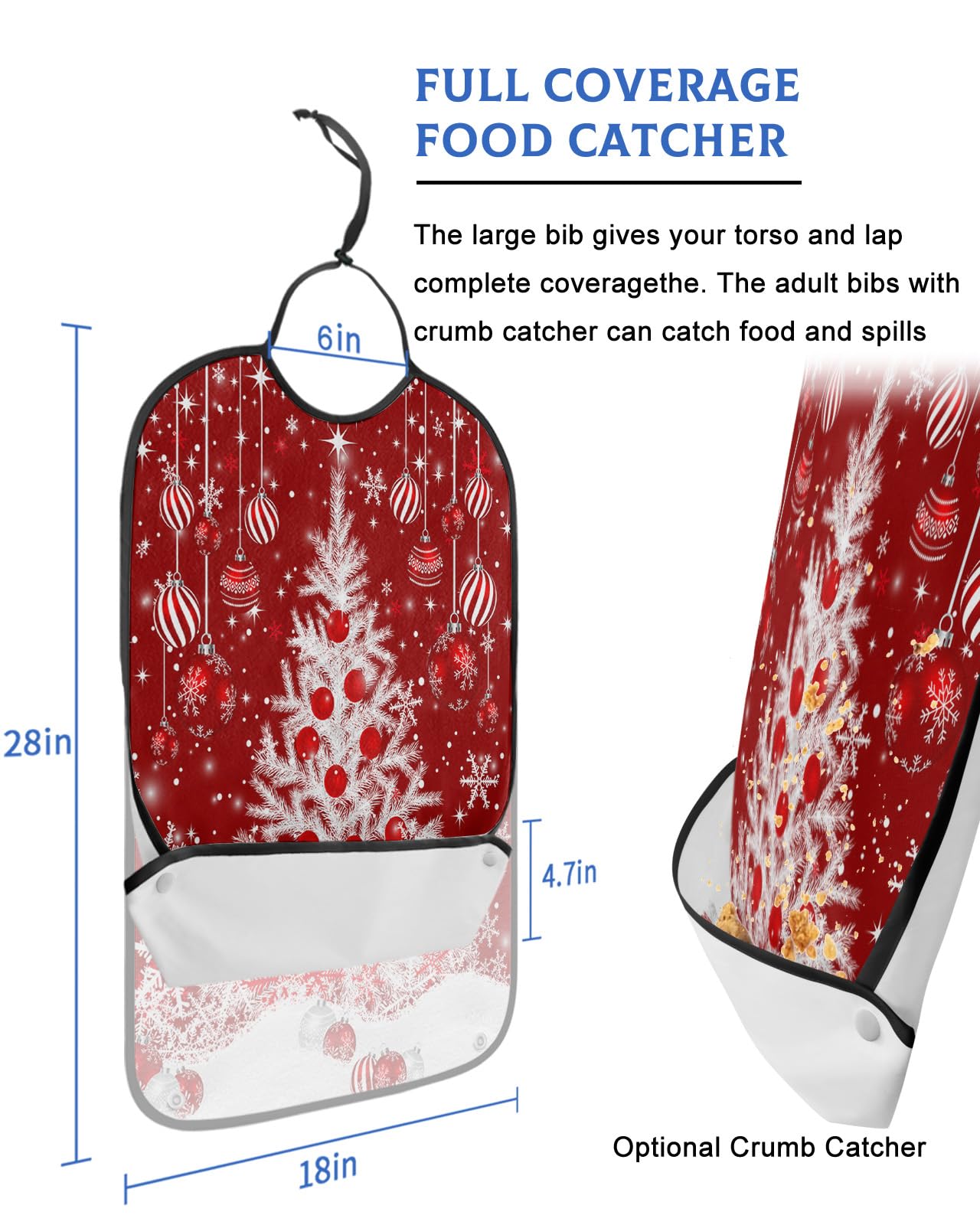 LEOKOTI Red Christmas Tree Adult Bibs for Eating, Waterproof Bibs with Food Catcher & Adjustable Snap Closure, Xmas Winter Snowflake Christmas Balls Washable Clothing Protectors Adult Bibs for Elderly