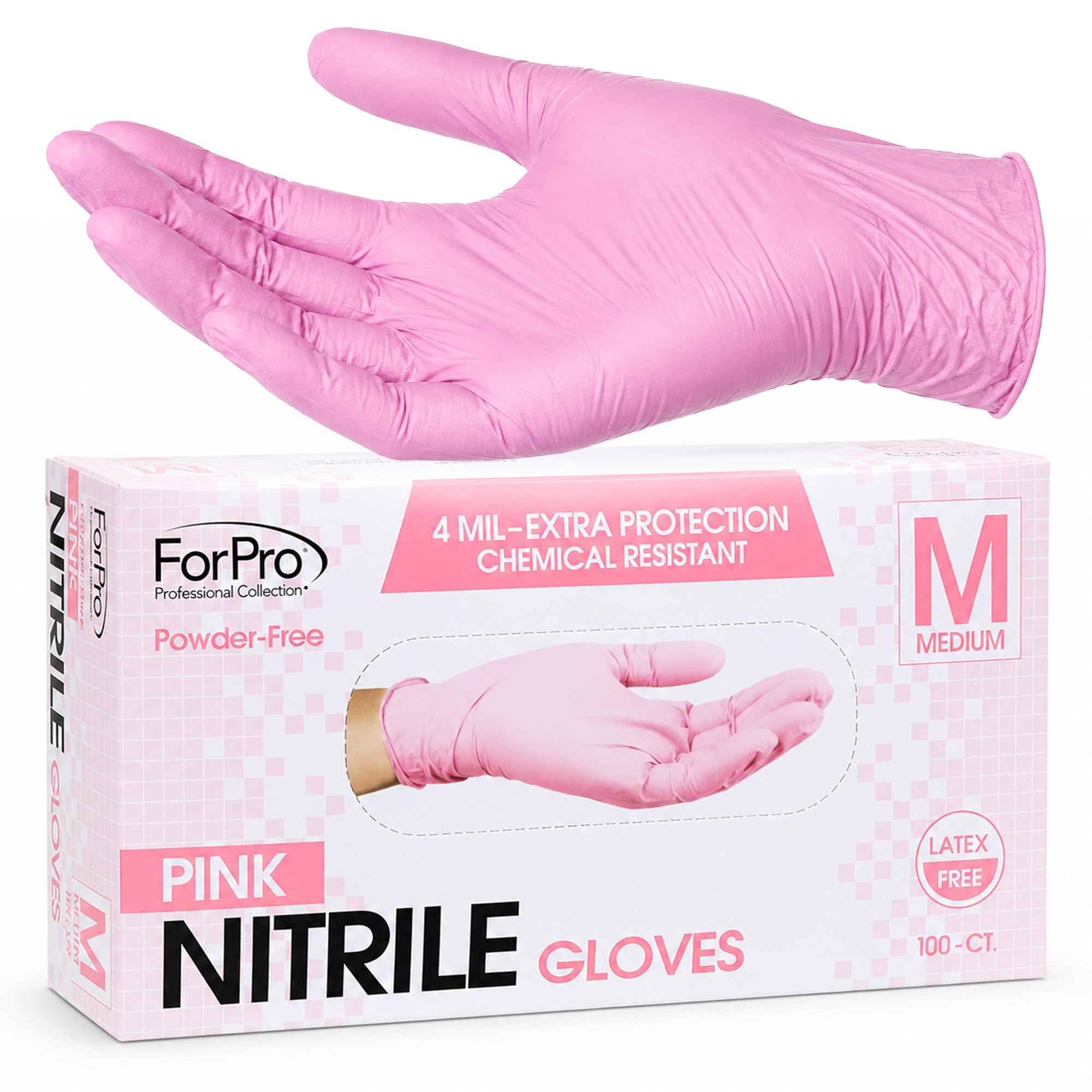 ForPro - Guantes desechables de nitrilo, resistentes a los químicos, sin polvo, sin látex, no estériles, seguros para alimentos, 4 mil, rosa, mediano, 100 unidades