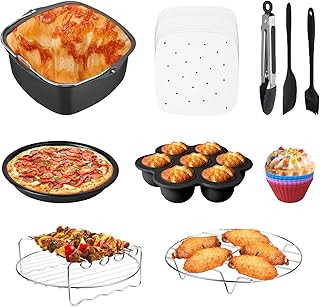 Square Air Fryer Accessories, Set of 10 Fit for COSORI 5.8QT 6.8QT, Instant Vortex Plus 6QT & Other 5.8 to 8QT Air Fryers, Including Cake Pizza Pan, Rack & Skewer, Egg Bite Mold, Paper Liner, etc.