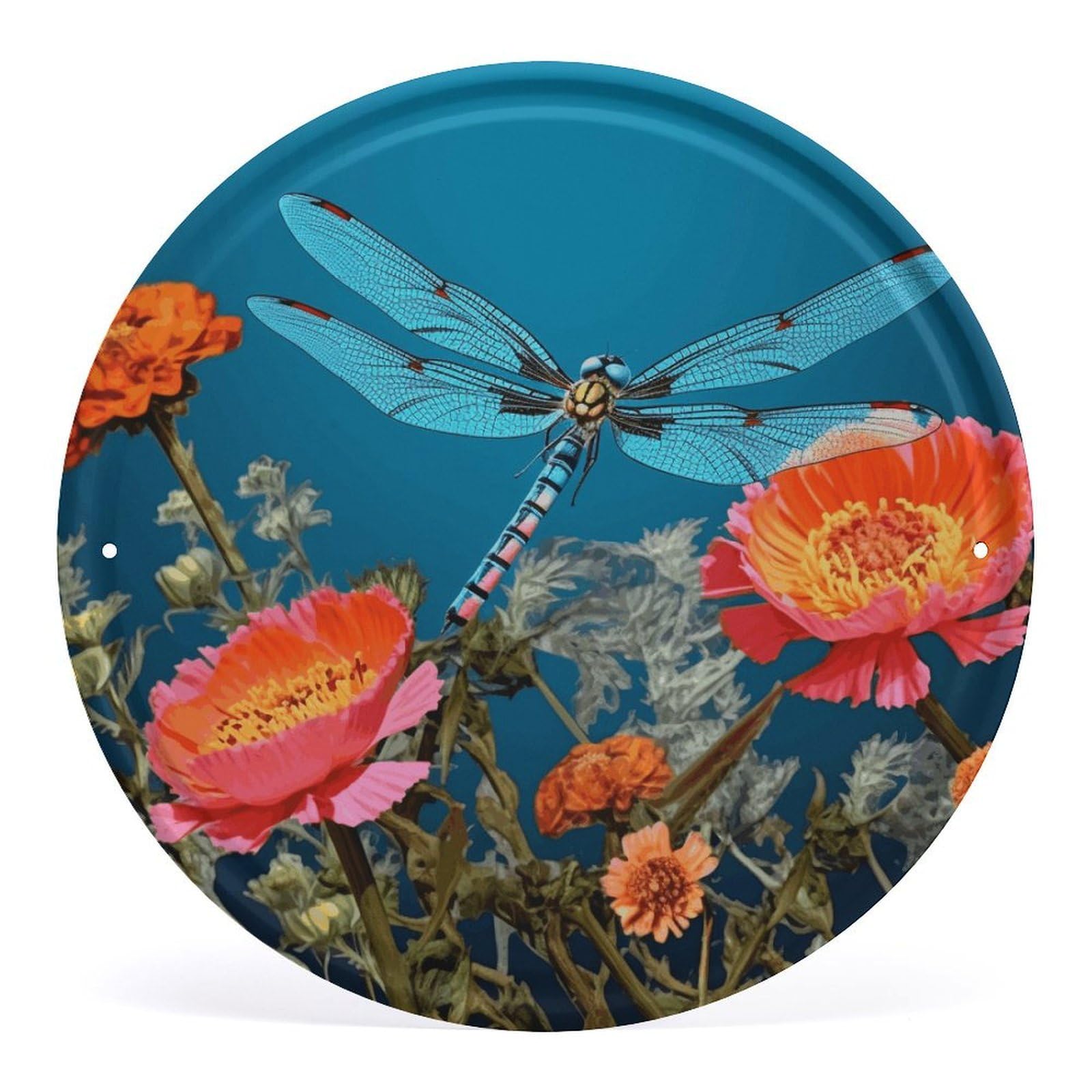 Fodpand Style Dragonfly And Flower Round Wall Art Hanging Decorations, Wall Decor Modern Minimalist Artwork, Tin Sign Hanging Picture For Living Room, Bedroom, Office, Hallway, 11.8X11.8 Inch