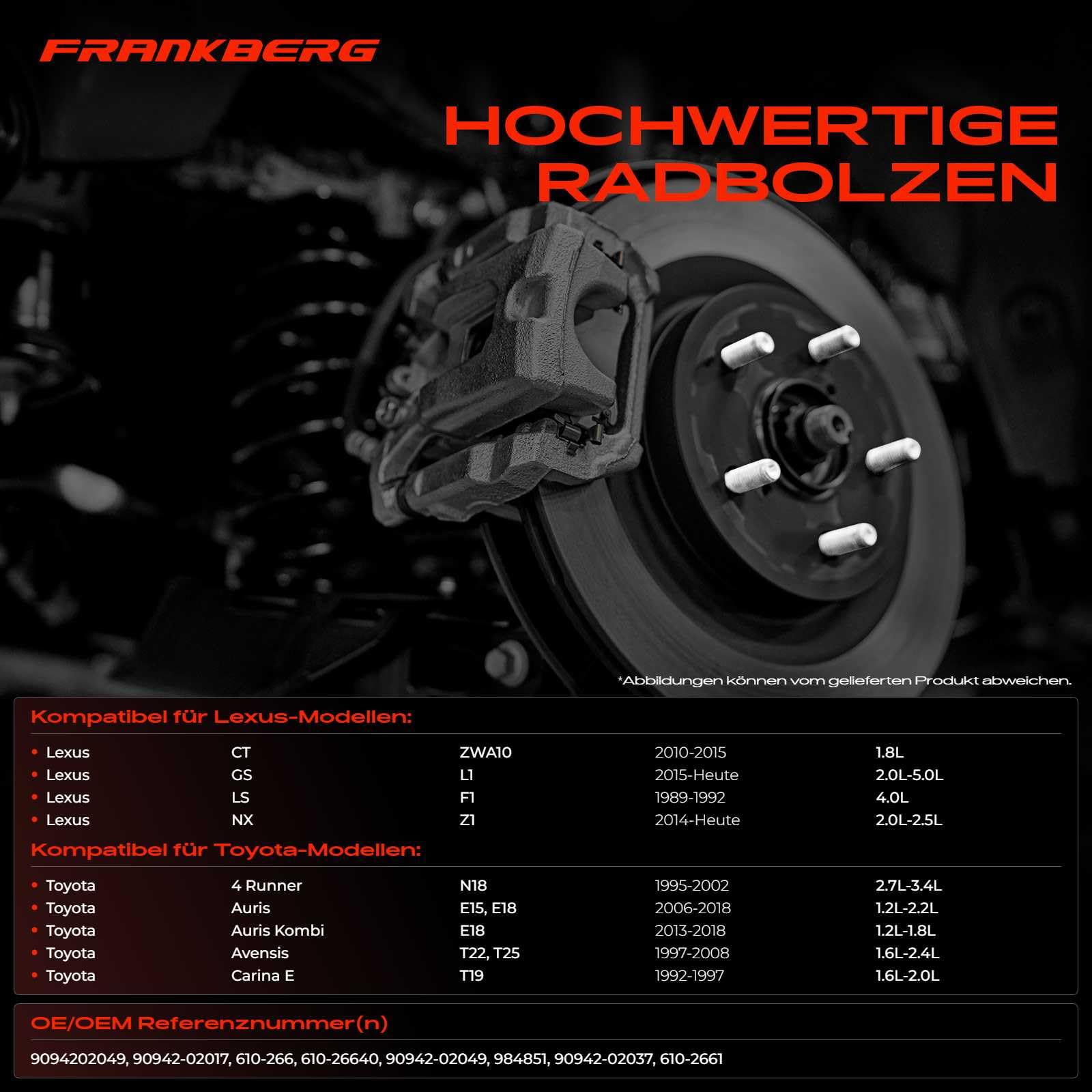 Frankberg 20x Radbolzen Radschraube Vorne Hinten Kompatibel mit A,u,r,i,s A,v,e,n,s,i,s Camry Carina Celica Corolla Crown Dyna Hilux Land Cruiser Yaris 1980-2019 Replace# 9094202049