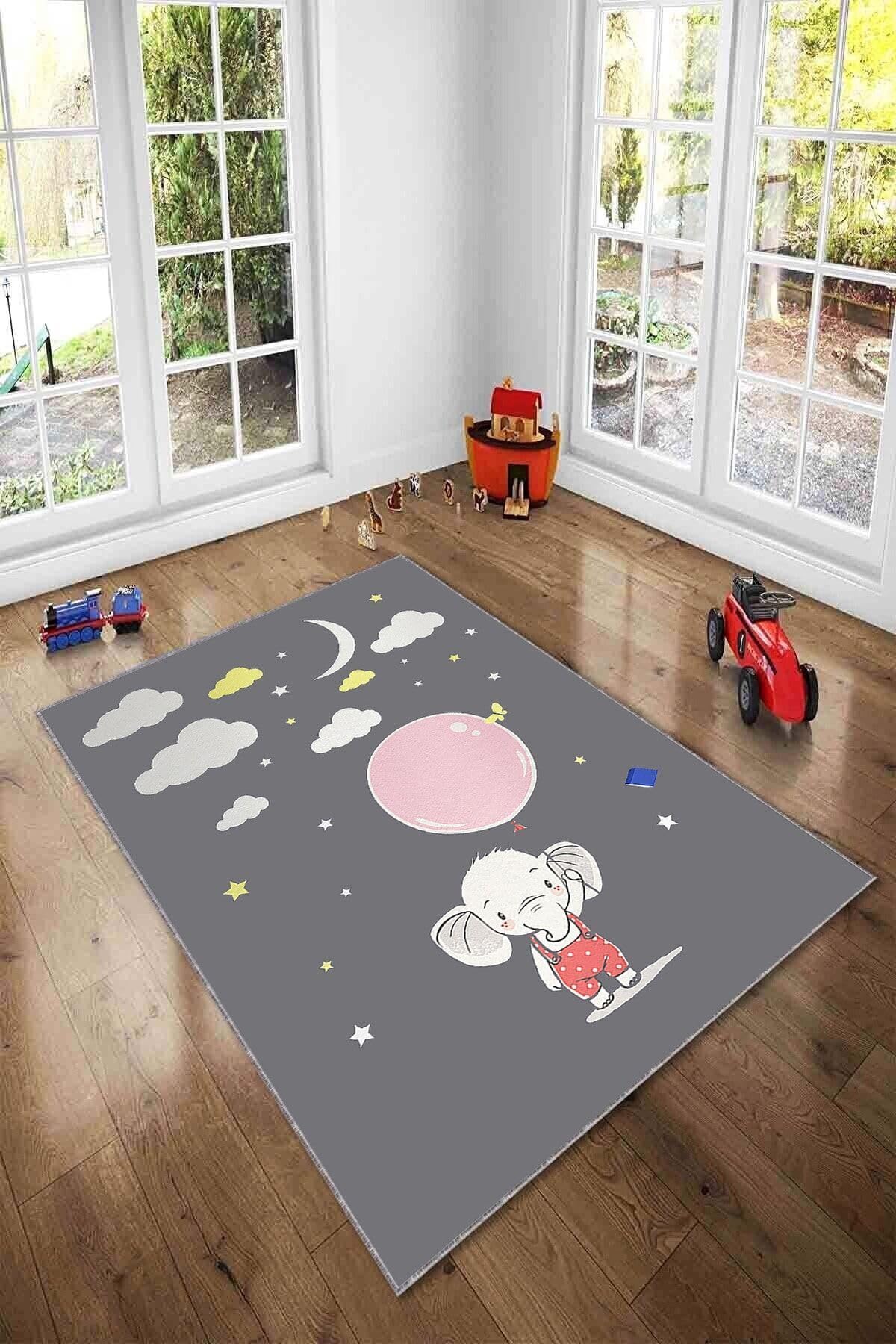 Pelangi Balon Fil Desenli Dijital Baskılı Yıkanabilir Kaymaz Taban Modern Mutfak Halısı (SÜNGERSİZ), Antrasit-Pembe-Beyaz 100 x 300, 90OTC74HNG100300