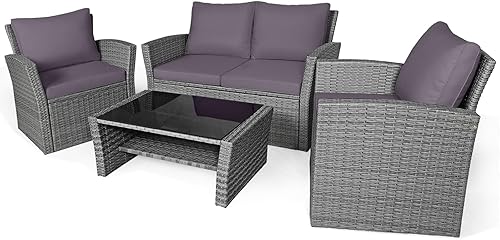 Tangkula - Juego de muebles de patio de 4 piezas, conjunto de sofá seccional para todo clima de ratán para exteriores con cojines y mesa de cristal