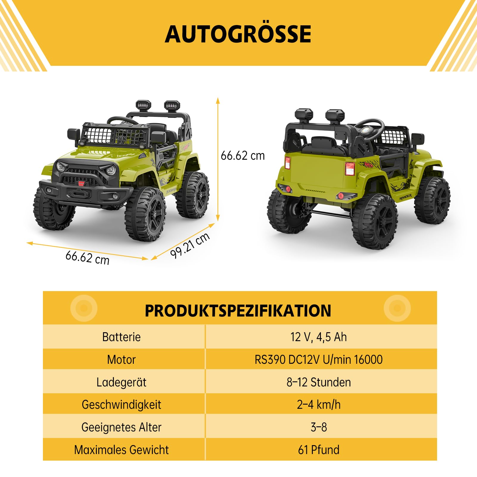 Coche Eléctrico para Niños 12V con Mando a Distancia 2,4 G Faros LED Bluetooth 3-6 km/h