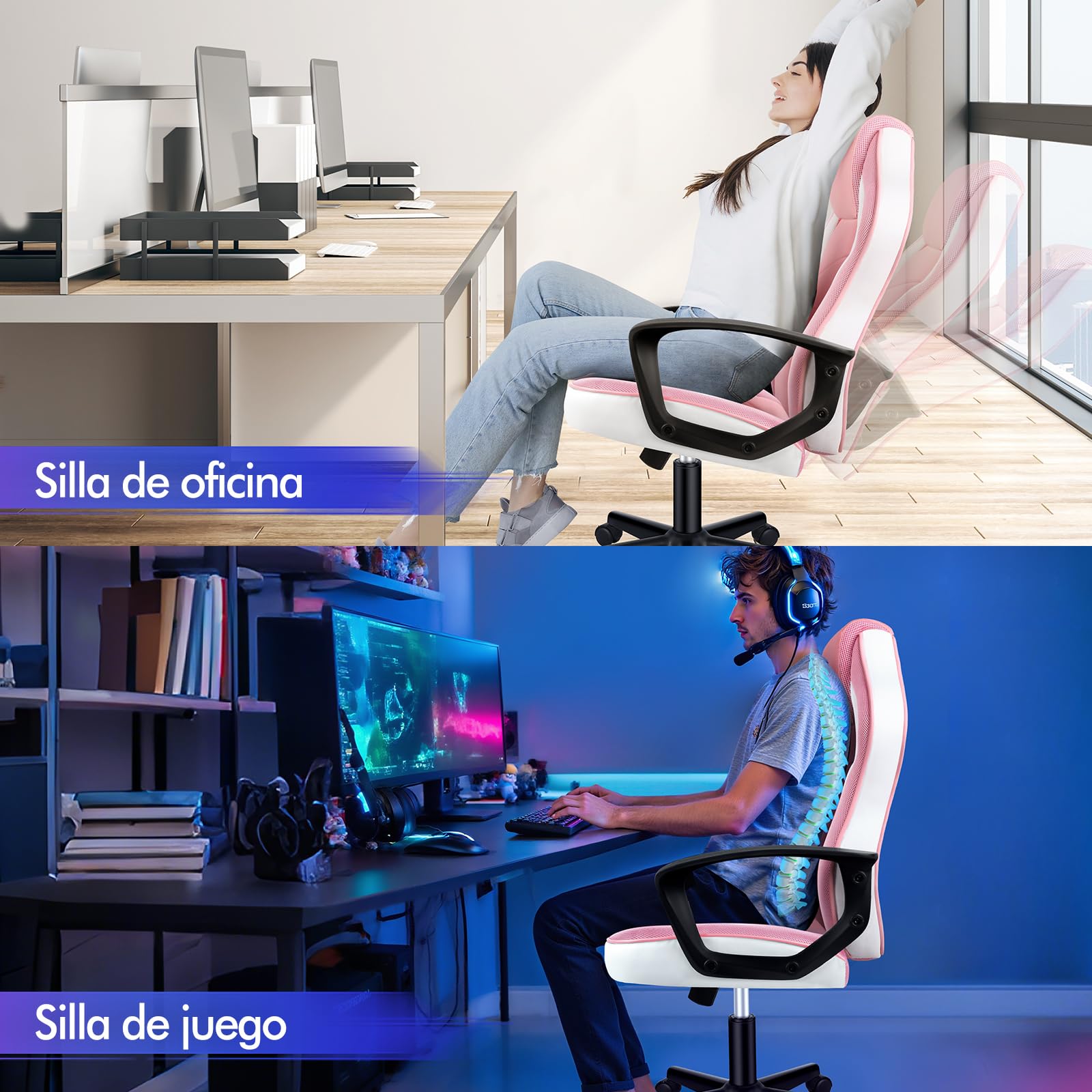 ALFORDSON Silla Gaming de Oficina Regulable con Ruedas, Racing Silla Escritorio Ergonómica de Piel Sintética y Malla, Asiento basculante y Altura Regulable, Soporta 150 kg(Rosa)