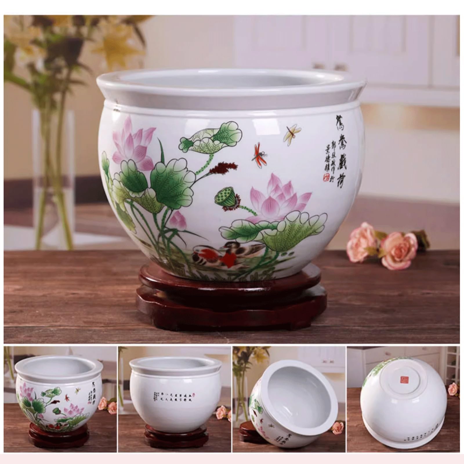 Doniczka Doniczka ceramiczna Jingdezhen Chinoiserie z porcelany, doniczka na sukulenty, bez otworu drenażowego, hydroponiczna doniczka na lilię wodną ze stojakiem do dekoracji Balkonowego(S)