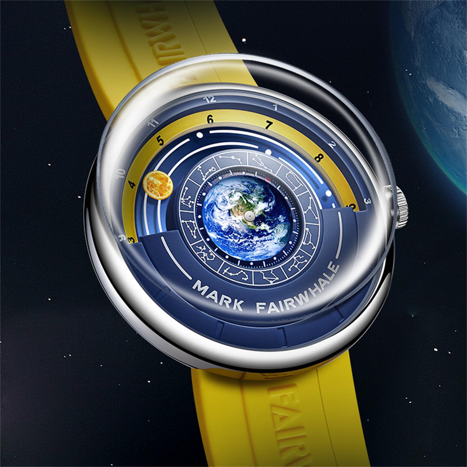FORSINING Reloj de cuarzo de moda para hombre, diseño de luna, puntero especial, diseño de tierra, correa de silicona, resistente al agua, relojes casuales
