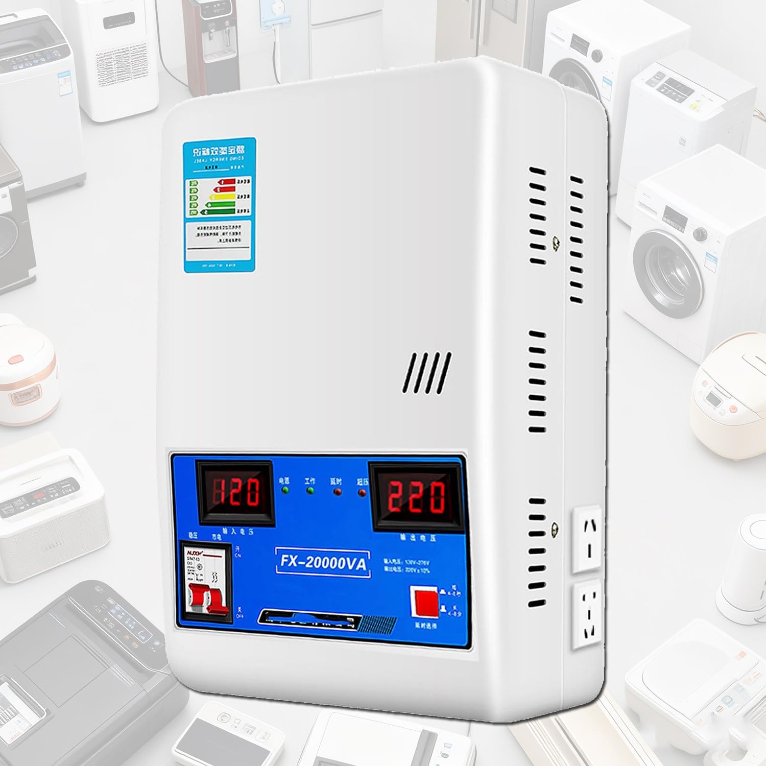 Automatischer Spannungsregler für Haushalt (einphasig), intelligenter Spannungsstabilisator,Eingangsspannung 120–270V,Ausgangsspannung 220 V,Digitales Dual-Display,Schutzschalter 15000W