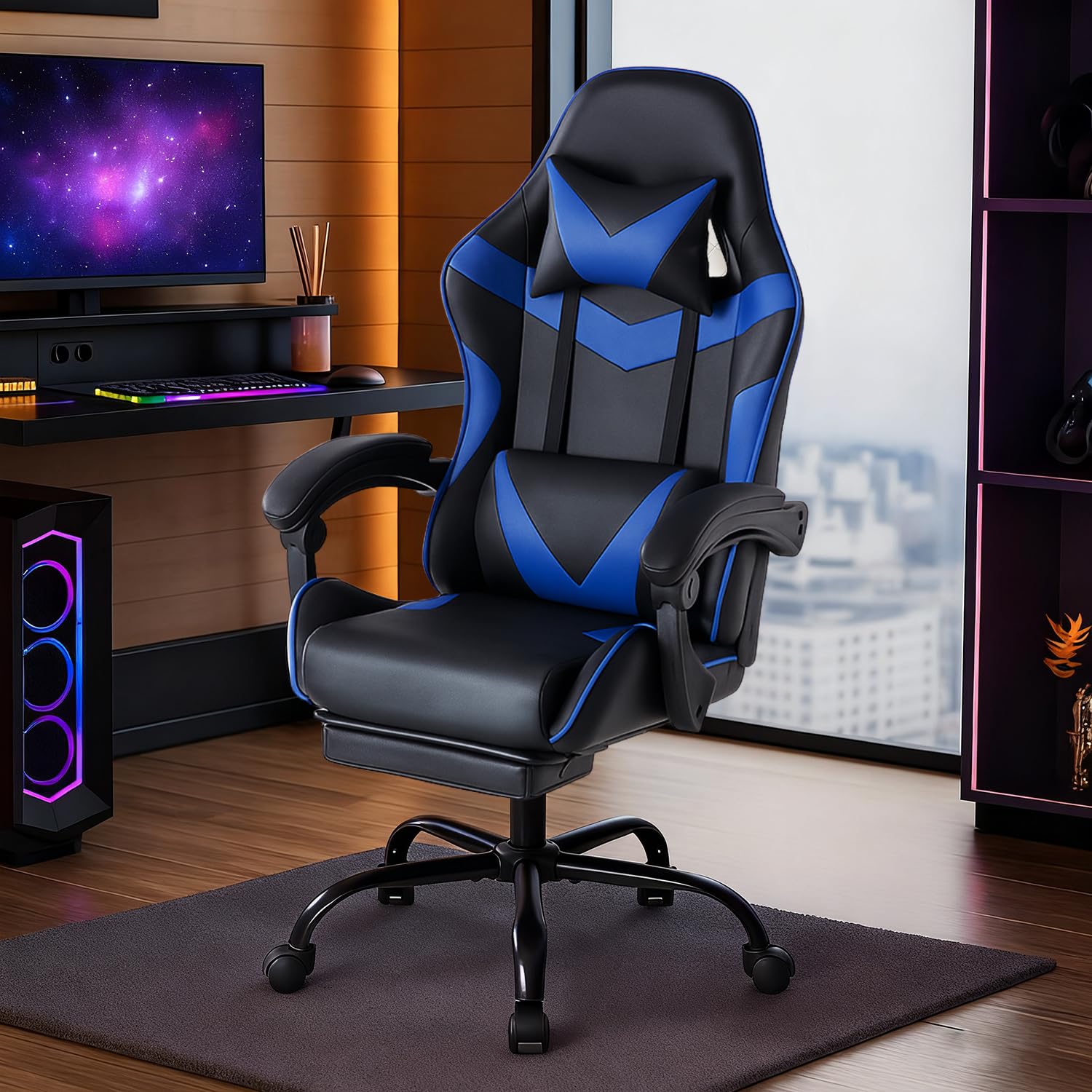 DUMOS Silla para Gaming, Silla ergonómica para Gamer, con reposapiés, reposacabezas y Soporte Lumbar, Altura Regulable, Acolchada, 150 kg, soporta hasta 150 kg, Color Negro y Azul