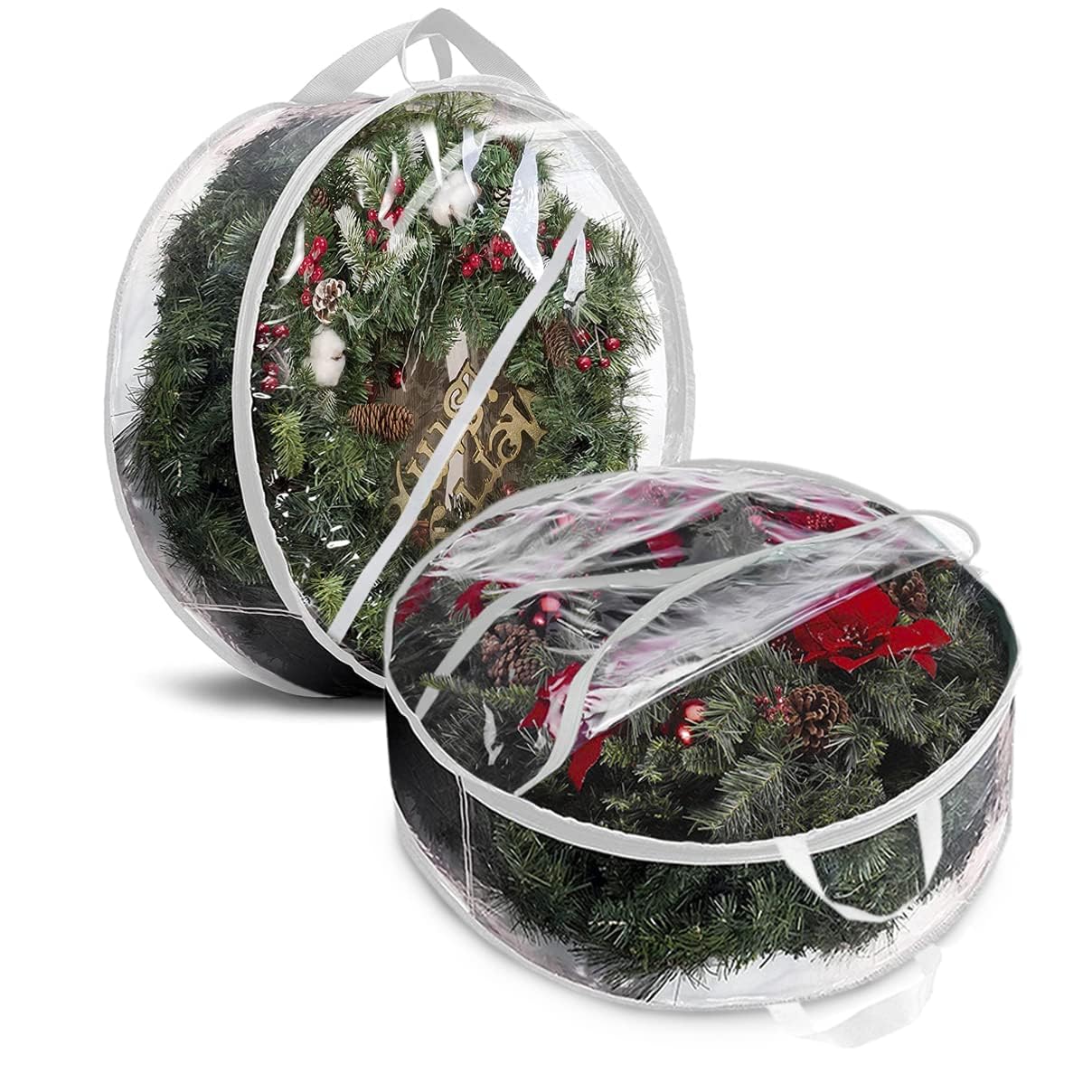 ProPik Christmas Wreath Storage Bag - 2 Pack Artificial Christmas Wreath Storage Container- Garland Holiday Wreath Storage Holder –Water Proof Transparent Clear PVC - with Handles (White, 48 Inch)