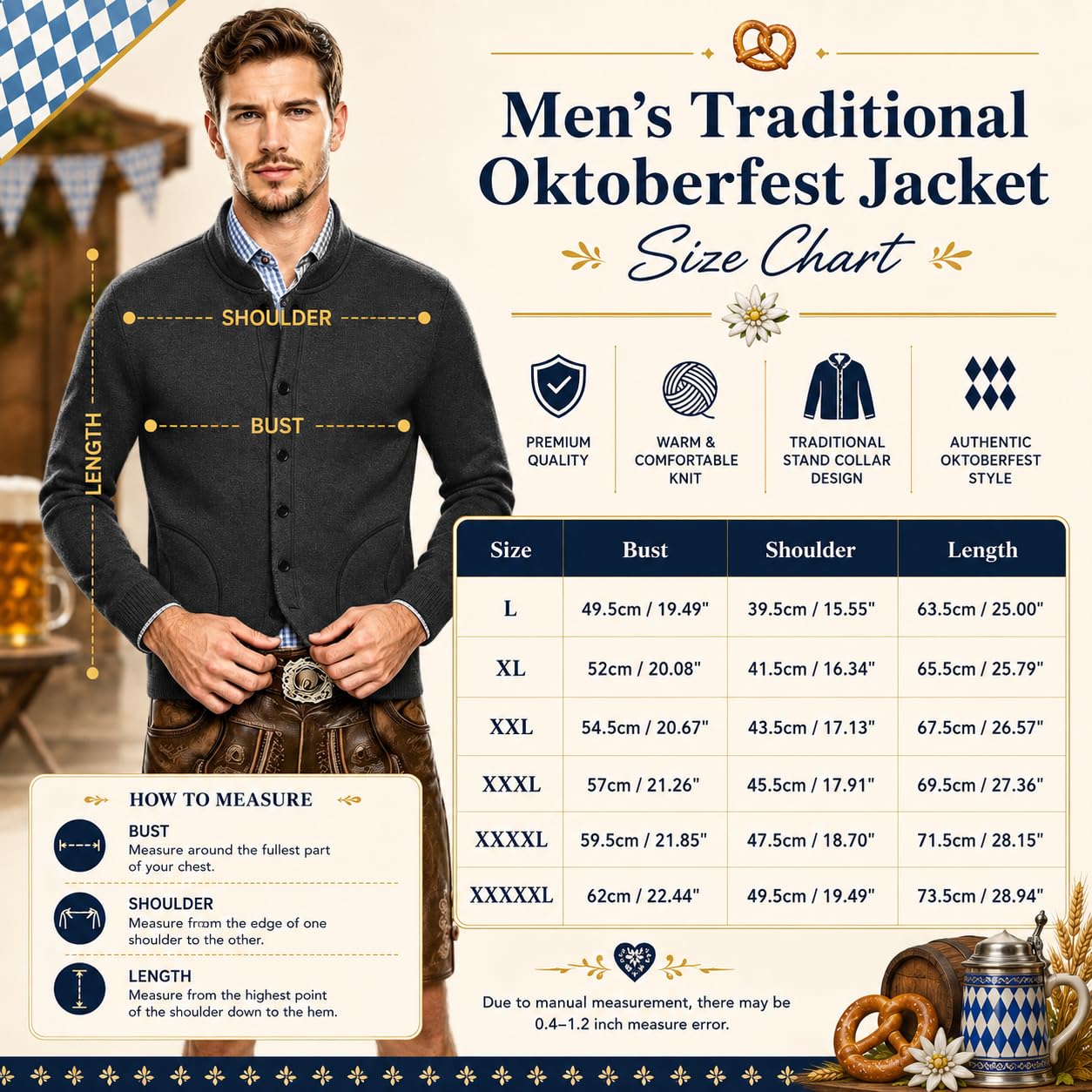 Trachtenjacke Herren - Traditioneller Trachtenjanker mit Knopfleiste, Strickjacke Herren, Oktoberfest Outfit, Lederhosen Jacke, Trachtenweste, Trachtenmode für Männer, Dunkelgrau und Grau, L-5XL