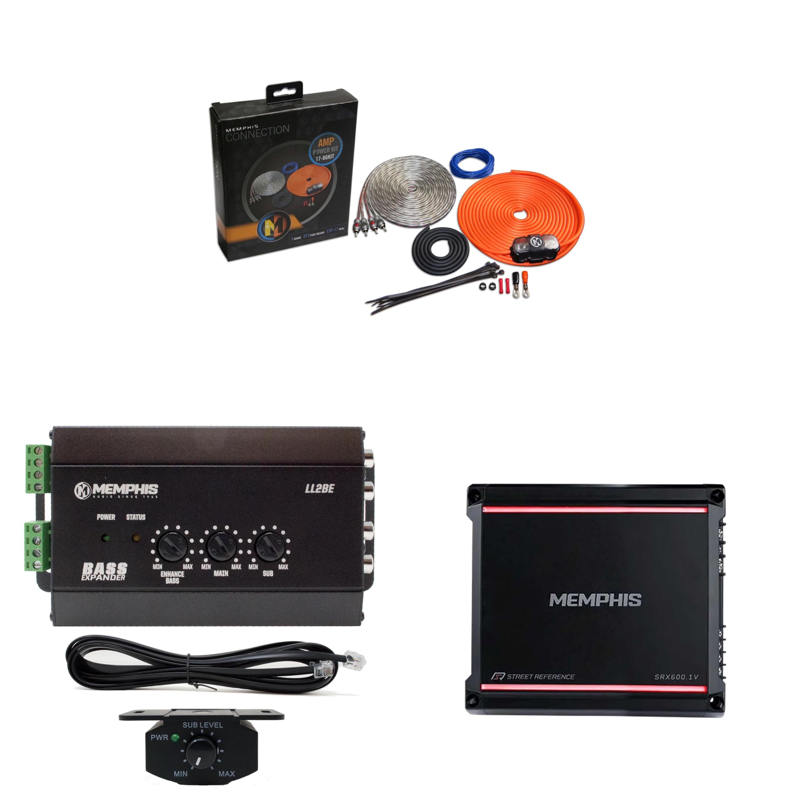 Memphis Audio SRX600.1V Mono 1-ohm 600 Watt Amplifier with 8GKIT 8-Gauge Amp Install Kit -AFS Fuse Holder and LL2BE 2-Channel Line Output Converter with Digital Bass Restoration