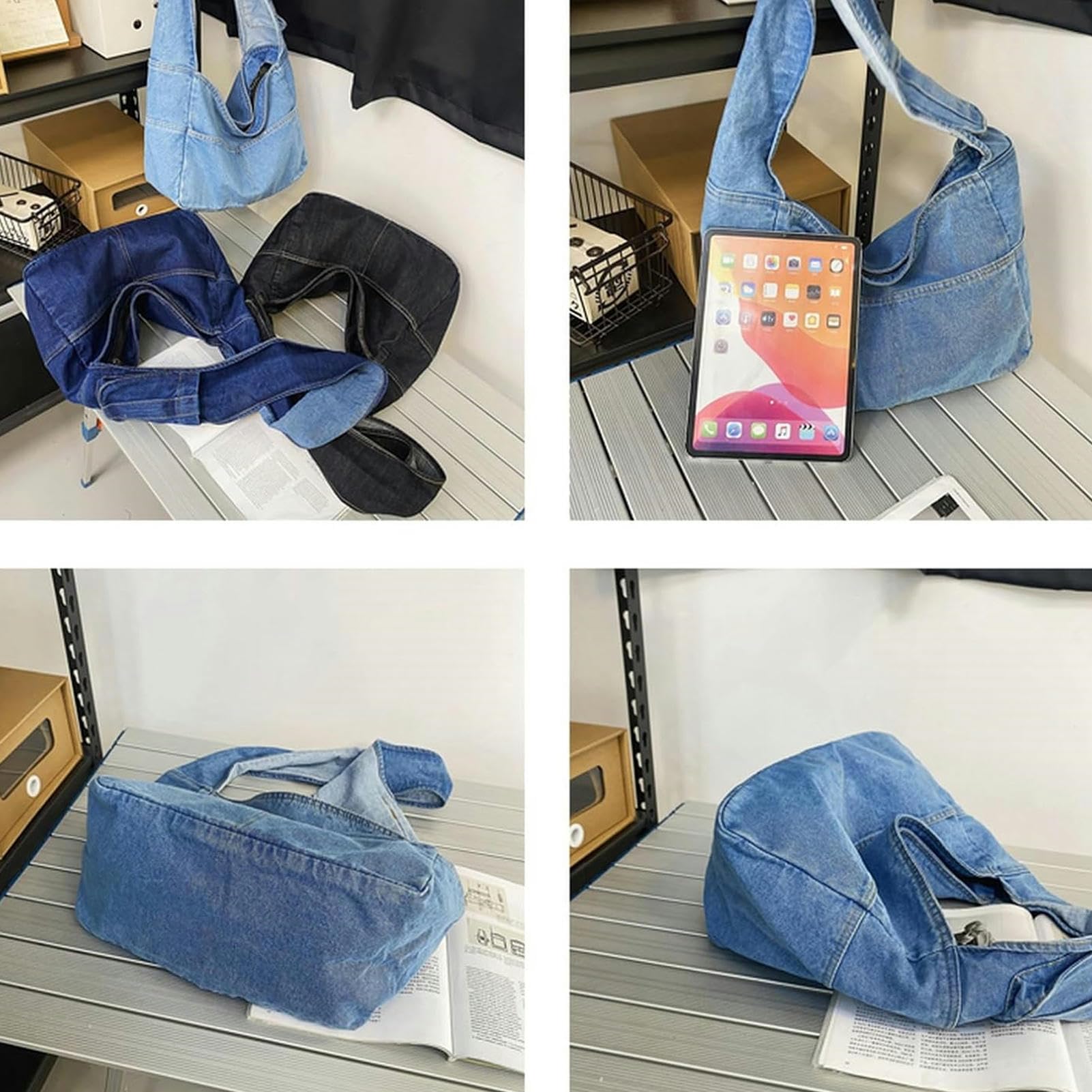 Borsa Donna Tracolla Borse da Donna in Denim in Tela da Viaggio per Lo Shopping da Viaggio per Le Spalle Unisex Jeans Crossbody Borse Shoppers-Light Blue Bag 11-a