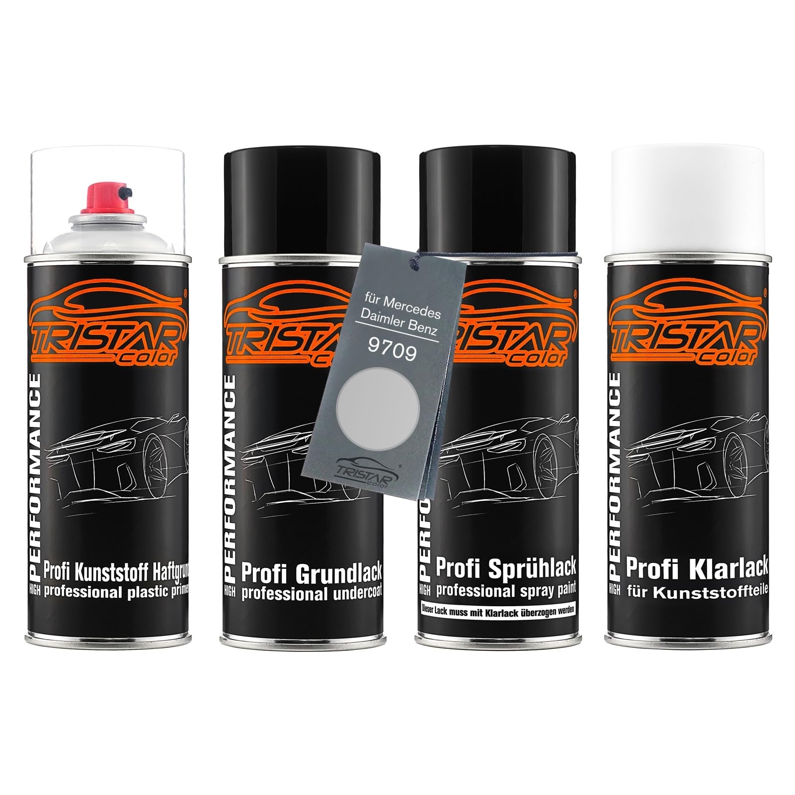 TRISTARcolor Zestaw w sprayu do plastiku do Mercedes 9709 Sterling Silber. | do Mercedes / Daimler Benz, Sterling Silber Metallic, Lakier samochodowy, Zestaw aerozoli do zderzaka/plastiku