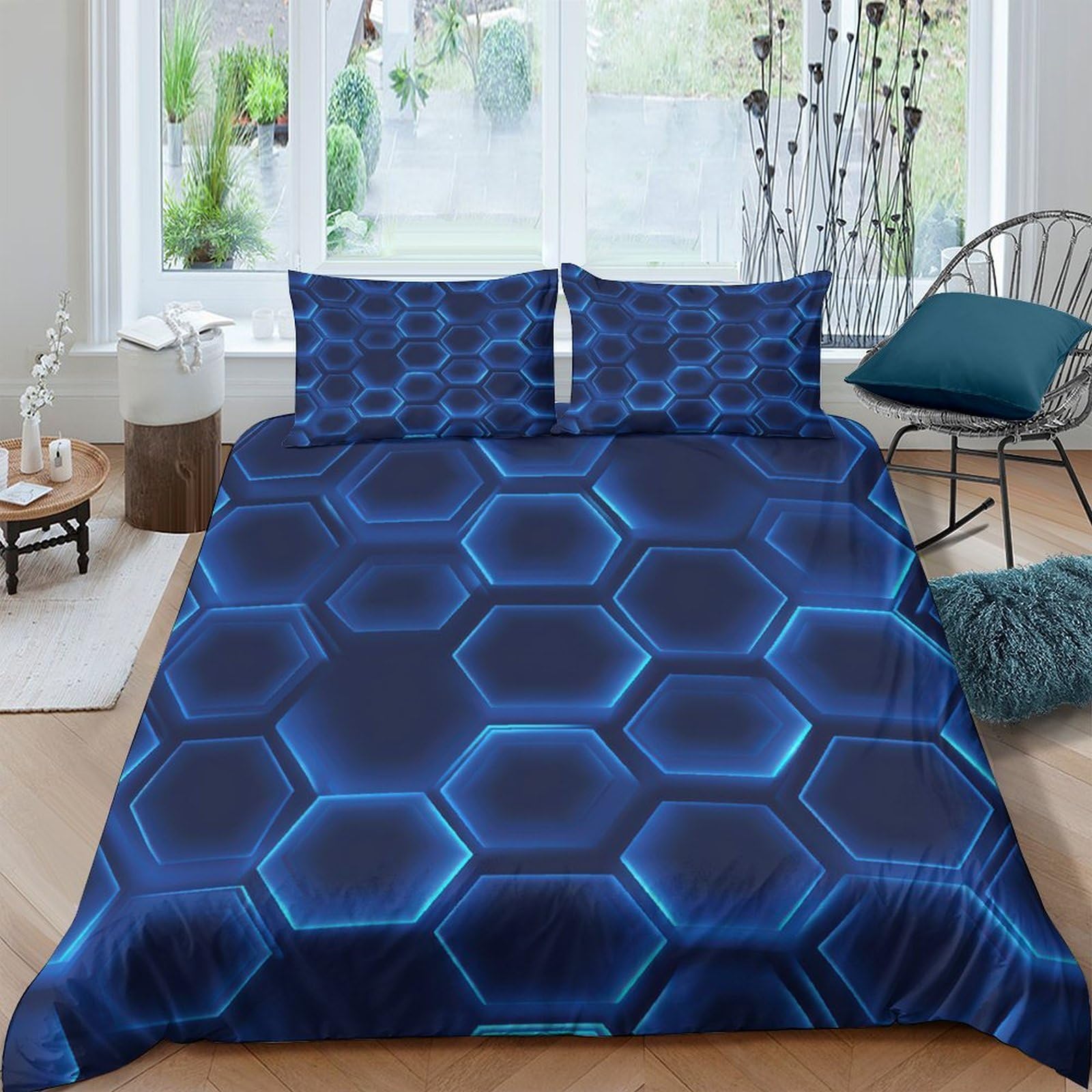 Ctjqhvkz Style-6 3D Printed Blue Hexagon Fitted Sheet Microfiber Soft Modern Geometric Mattress Cover For Bedroom Guest Room Decor Single（135X200cm）